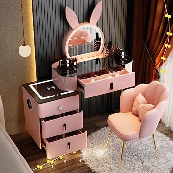 Pink Dressing Table Smart Vanity Set - Modern Makeup Vanity Dsek With Drawers & Charging Station & Speaker,Free Retractable Side Cabinet, Makeup Vanity Desk Set, Girls Women Vanity Desk