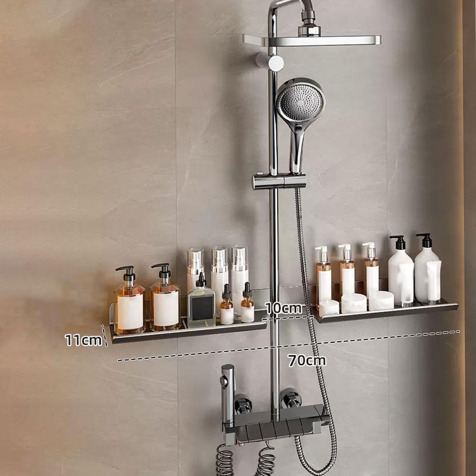 Estante de ducha gris montado en la pared de 70 cm, estante de almacenamiento sin taladro, organizador de ahorro de espacio para artículos esenciales de baño, soporte para champú, perfecto para