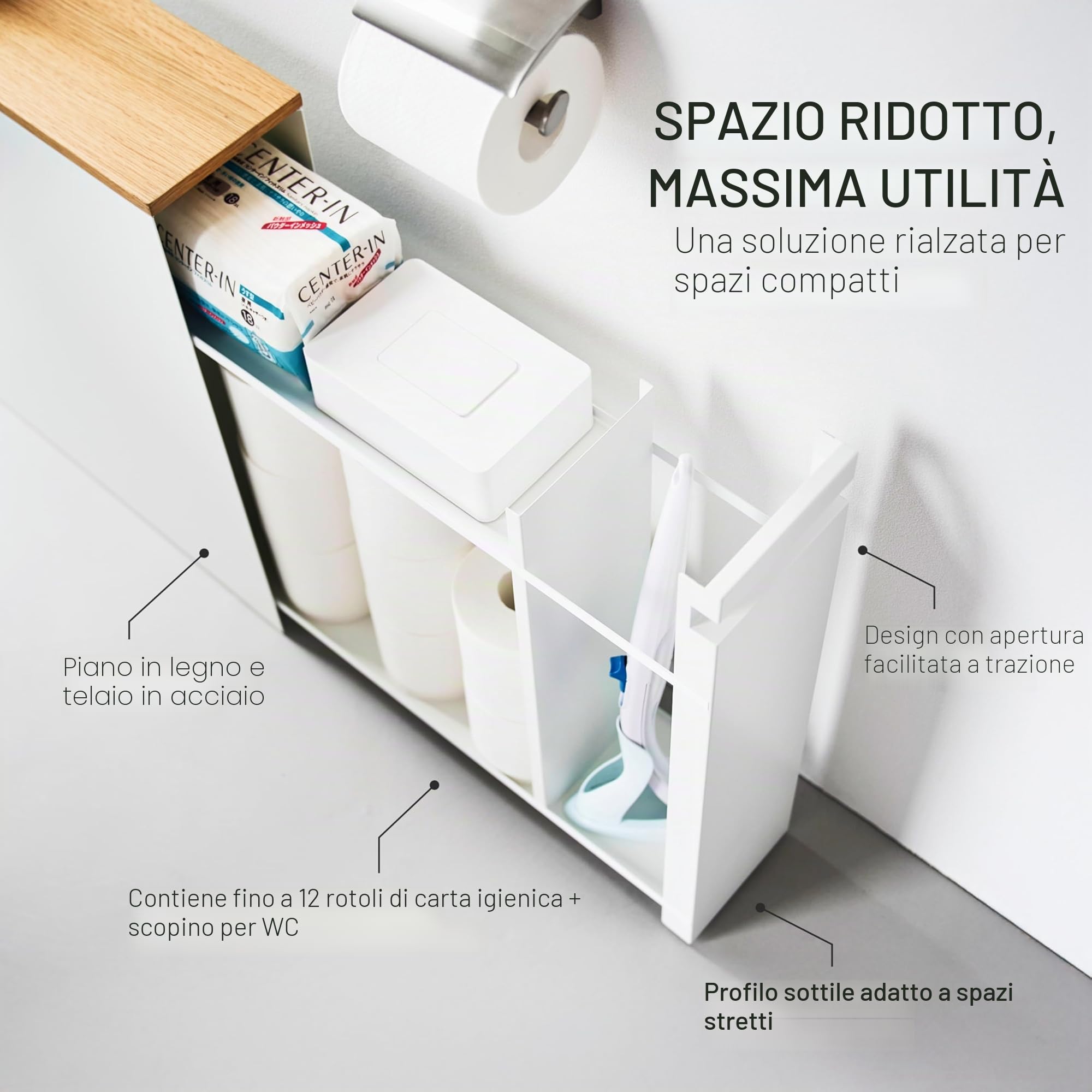 YAMAZAKI TOWER Scaffale estraibile con ripiano in legno e struttura in acciaio – stretto, organizer per bagno, WC, cucina, moderno – 56 x 14 x 55 cm, design giapponese, bianco