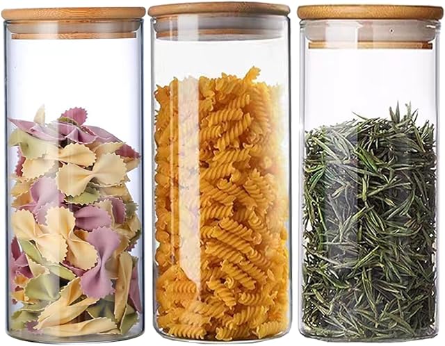 Buthsku Glass Storage Jars with Lids 950ML Set of 3 High Borosilicate Glass Airtight Kitchen Food Canisters Cylinder Clear Preserving Seal Containers with Lid (950ml)