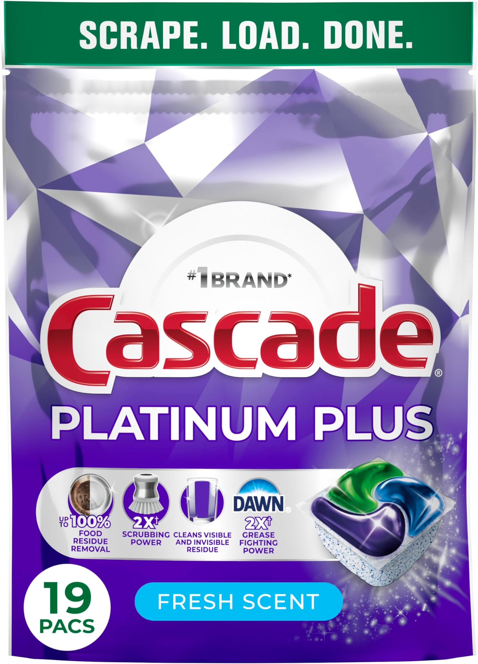 Cascade Platinum Plus Dishwasher Pods, Dishwasher Detergent, Dish Detergent Soap, Fresh, 19 Count