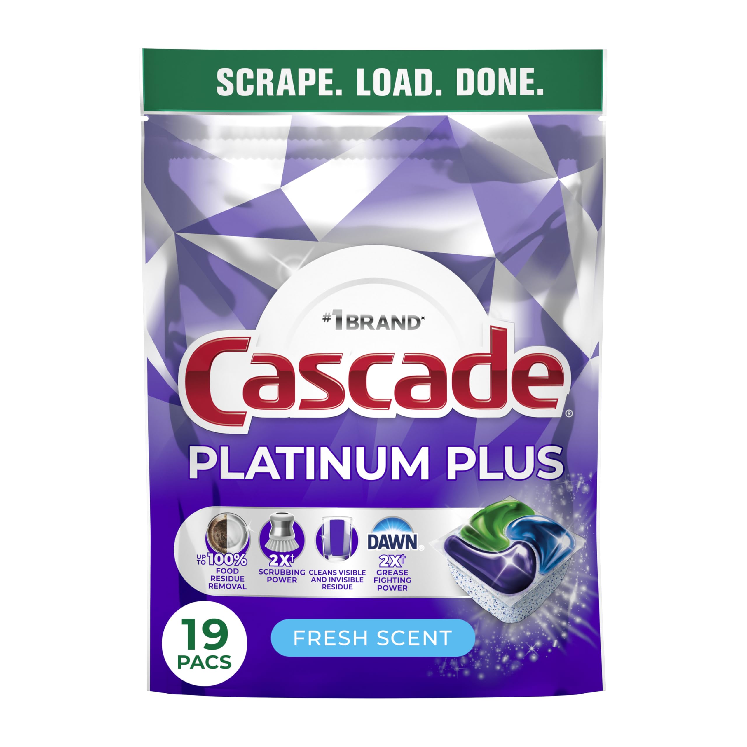 Cascade Platinum Plus Dishwasher Pods, Dishwasher Detergent, Dish Detergent Soap, Fresh, 19 Count