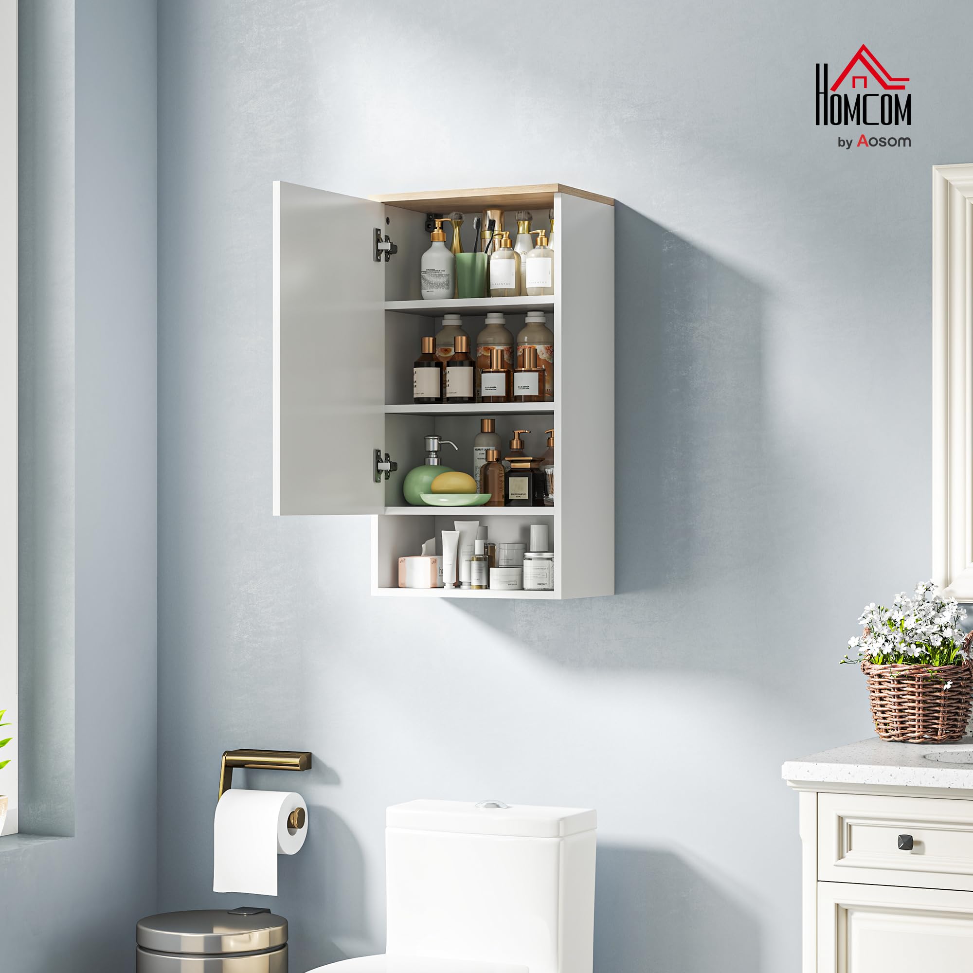 HOMCOM Badezimmerschrank Hängeschrank mit Tür Wandschrank mit verstellbaren Ablagen, Einlegeboden Badschrank 40 x 27 x 77 cm Weiß