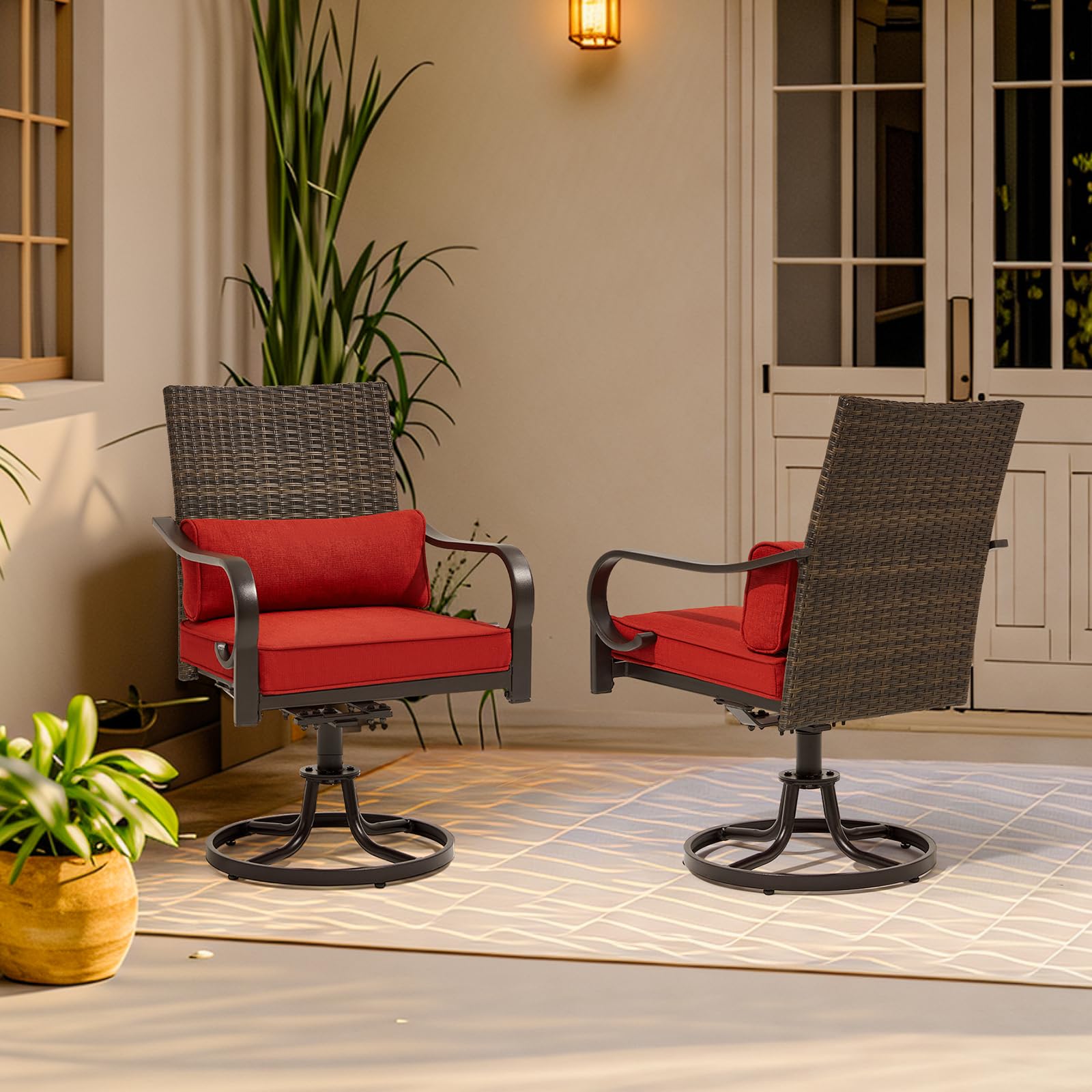MELLCOM Patio Swivel Chair Set of 2, Outdoor Dining Chairs with Cushions & Lumbar Pillows, Wicker Chairs with Gentle Rocker for Porch, Garden, Backyard, Poolside, Deck, Red