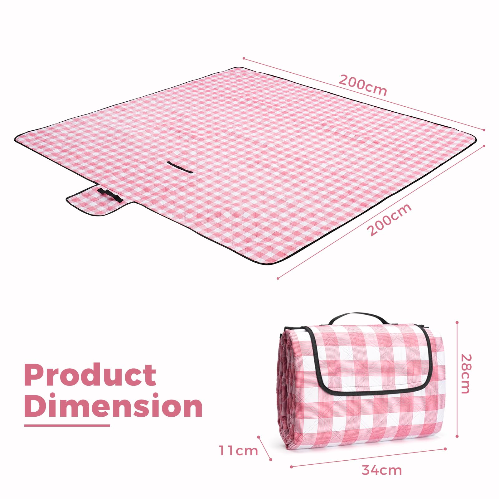 Oak & Tea Coperta da picnic impermeabile, 200 x 200 cm, pieghevole, coperta da picnic, coperta da spiaggia, facile da riporre, lavabile in lavatrice, plaid rosso bianco (plaid rosso, 200 x 200 cm)