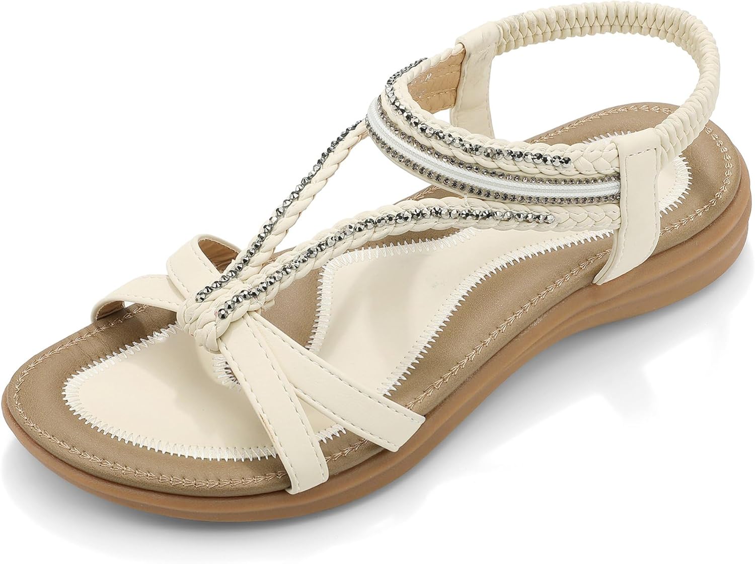 UBFEN Womens Bohemian Flat Sandals With Back Strap Summer Beach Comfortable Bling