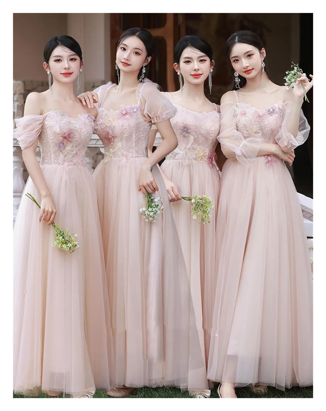 Robe de demoiselle d'honneur rose, 4 Styles, élégante, en Tulle fin, épaules dénudées, avec des Appliques de fleurs, ligne a, robe d'invité de fête de mariage Pour Mariage CéRéMonie(PINK Mid D,6)