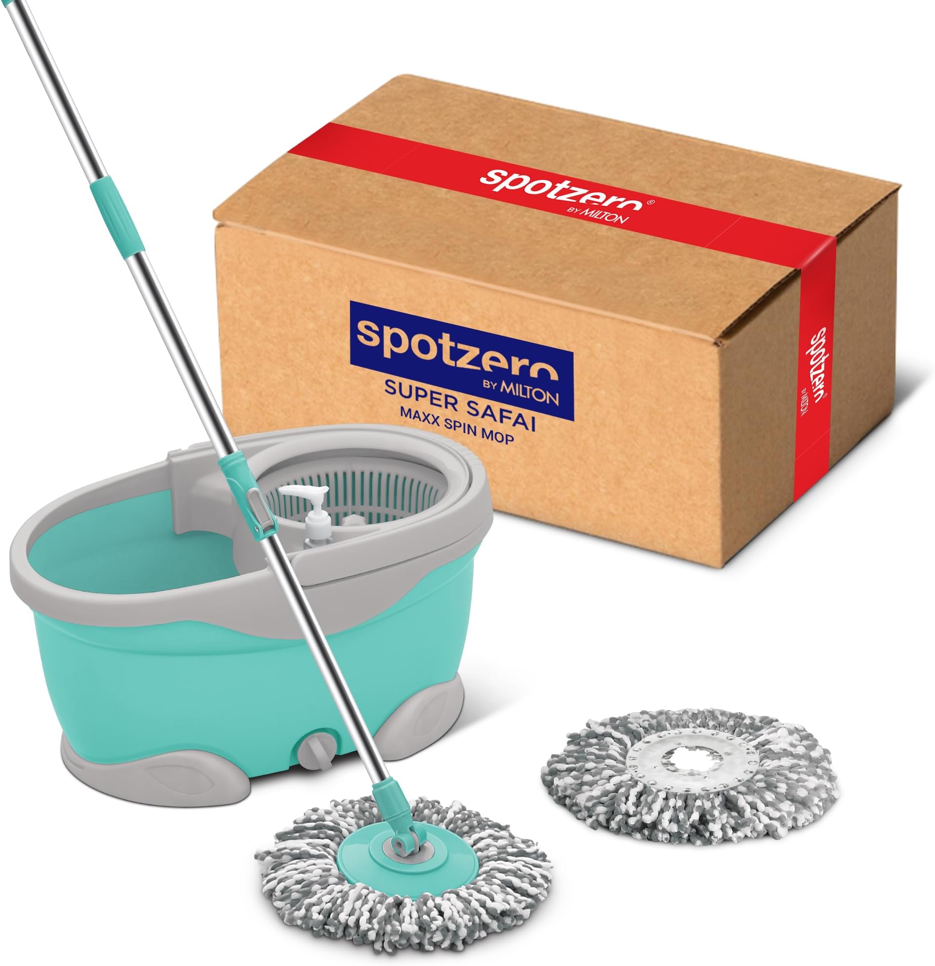 Spotzero Mop and Bucket with Wringer Set for Floor Cleaning with Wheels, 2 Microfiber Refills included, Extendable Handle, 360 Spinning System, (trapeadores con cubeta giratoria 360) Maxx Spin Mop