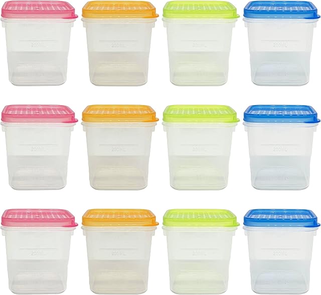 12 Pack Store Smart Square Stackable Plastic Food Storage Containers with Multicolour Lids 350ml (Transparent Lids)
