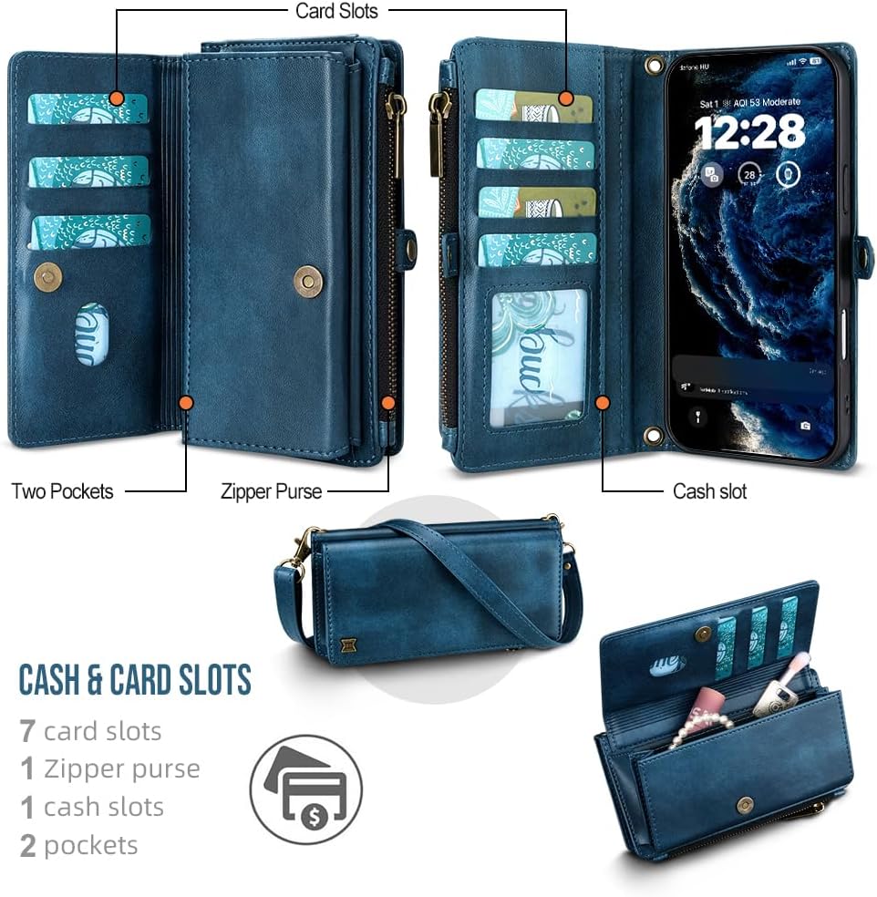 for iPhone 17 Pro Wallet Phone Case with 7 Card Holder,RFID Blocking | PU Leather | Kickstand | Flip | Wrist Strap&Shoulder Strap | Shockproof | Zipper Wallet | Women Men | 6.3" | Blue - Image 3