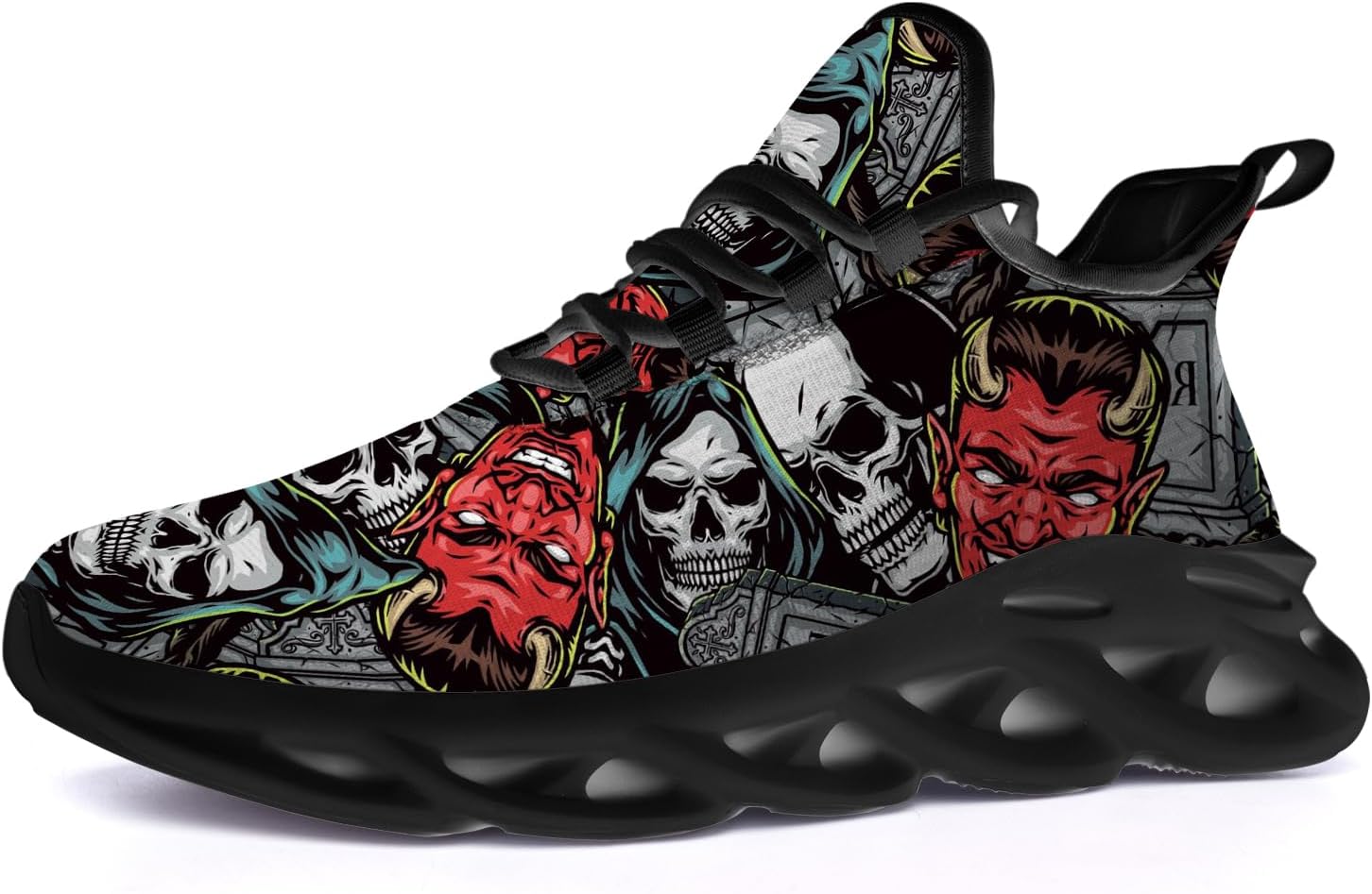 Ciadoon Devil Shoes for Women Men Devil Skull Death Halloween Tennis Sneakers Running Walking Shoes Gifts for Her Him,Size 5.5 Men/7.5 Women Black
