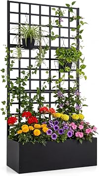 Giantex Metal Raised Garden Bed with Trellis, 71"x36"x16" Galvanized Planter Box w/Drainage Holes for Climbing Plants Vegetables Flowers, Outdoor Privacy Screen for Patio Backyard Balcony