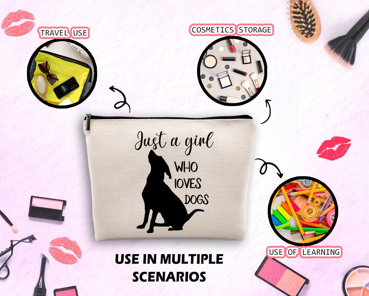 Just a Girl Who Loves Dogs Cosmetic Bag, Animal Lovers Pet Makeup Bag Zipper Cosmetic Pouch Bag Travel Linen Makeup Organizer, Dog Lovers Gifts for Women Girls Teens Dog Owner image 3