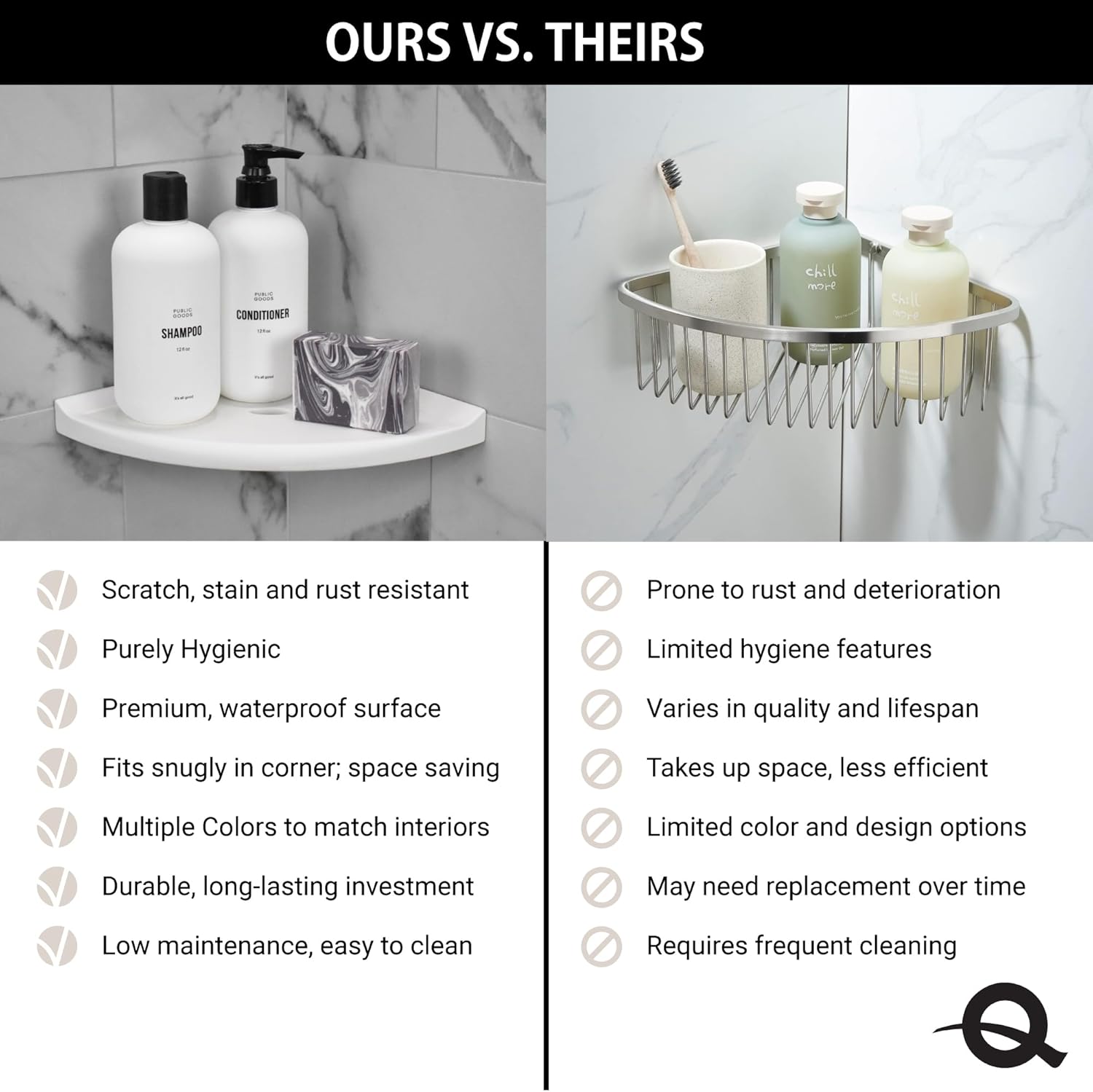 Questech 8" Corner Shower Shelf, Retrofit Shower Organizer for Tile Walls, Corner Caddy Soap Dish Bathroom Storage, Metro Flatback, Bright White Matte