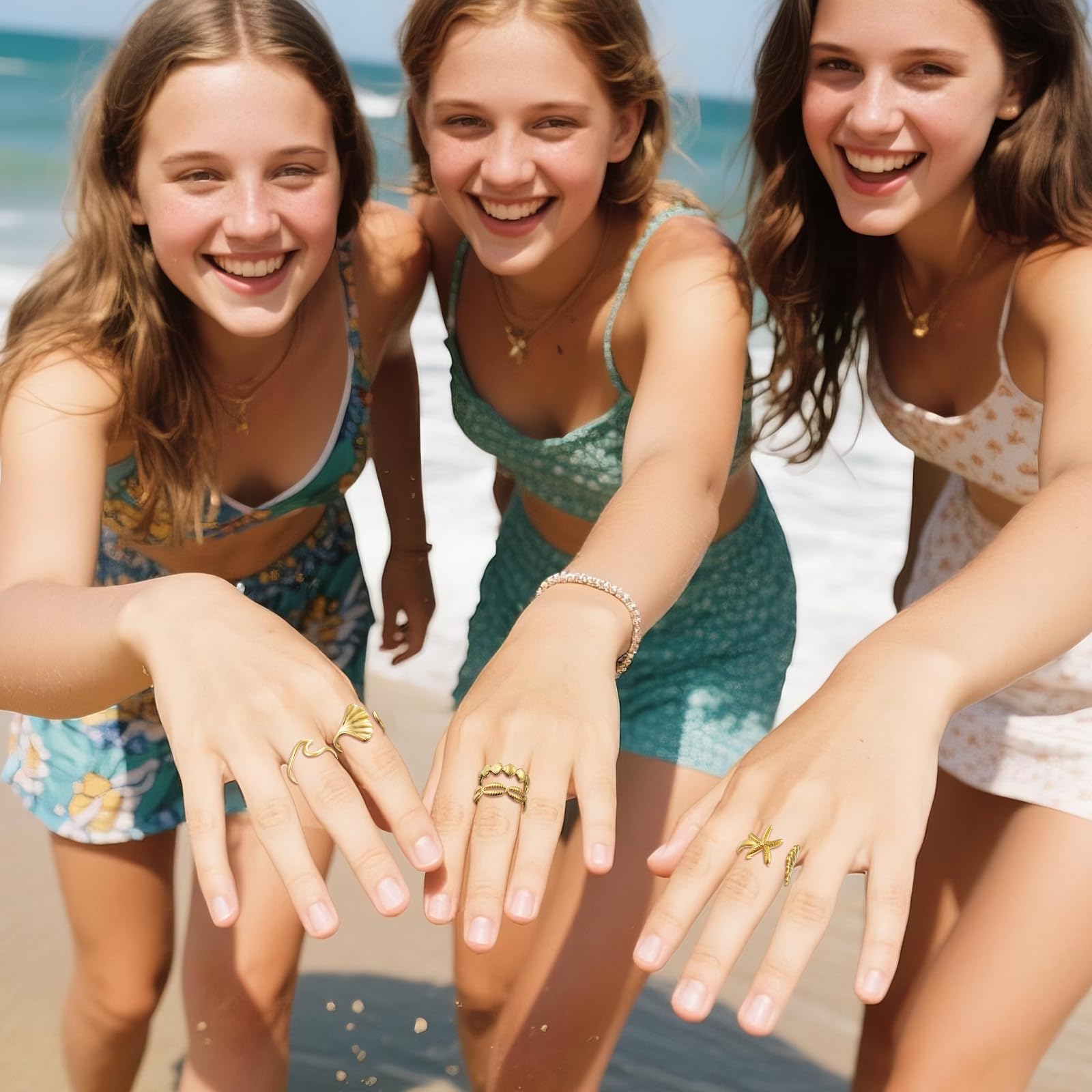 5 Stück Goldene Sommer Ringe Ocean, Seestern Muschel Ring Welle Gold Wasserfest, Muschel Ringe Gestapelt, Ginkgo Blatt Ring Edelstahl, Halb Offener ringen Sommer Schmuck Gold für Frauen und Mädchen