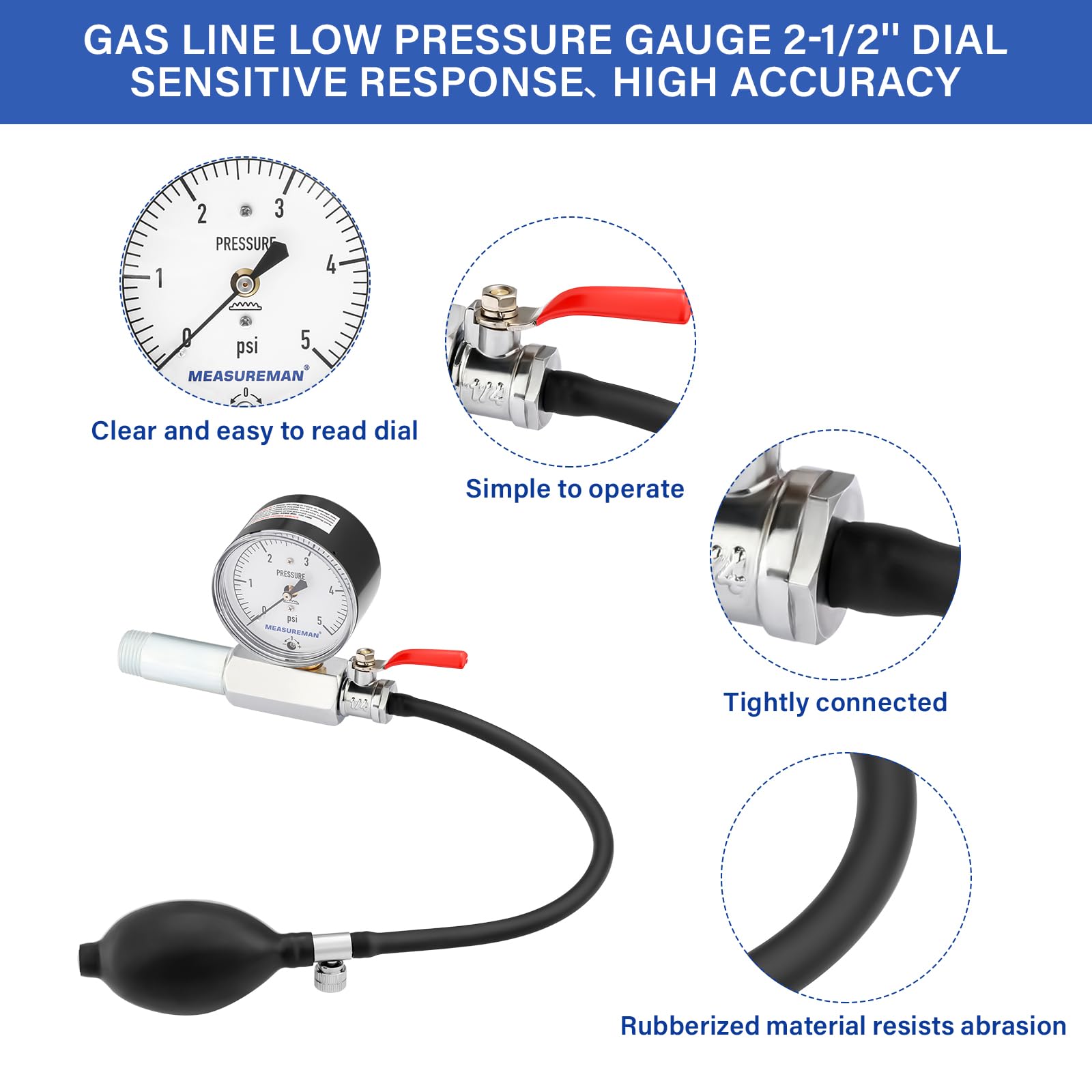 MEASUREMAN 【Niederdruck-Gas-Test-Kit】Gasleitungsdruck-Test-Set, Gas, 0 bis 5 psi, 1/2 Zoll NPT weiblich
