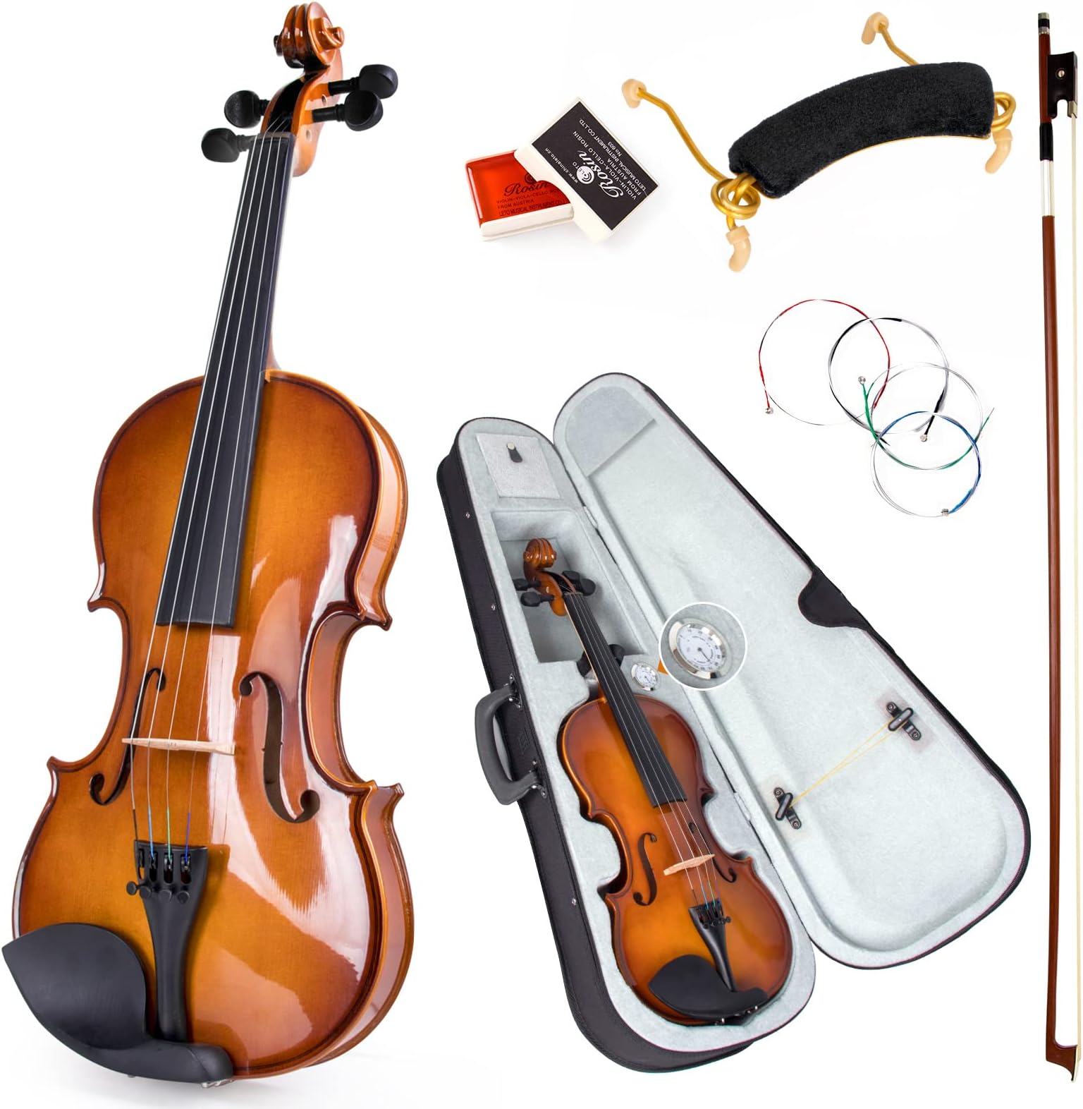 Kmise Violin 4/4 Full Size Set, Solid Wood Fiddle for Adults Beginners Students Kids,with Hard Case with Hygrometer,Violin Bow,Shoulder Rest,Rosin,Extra Strings