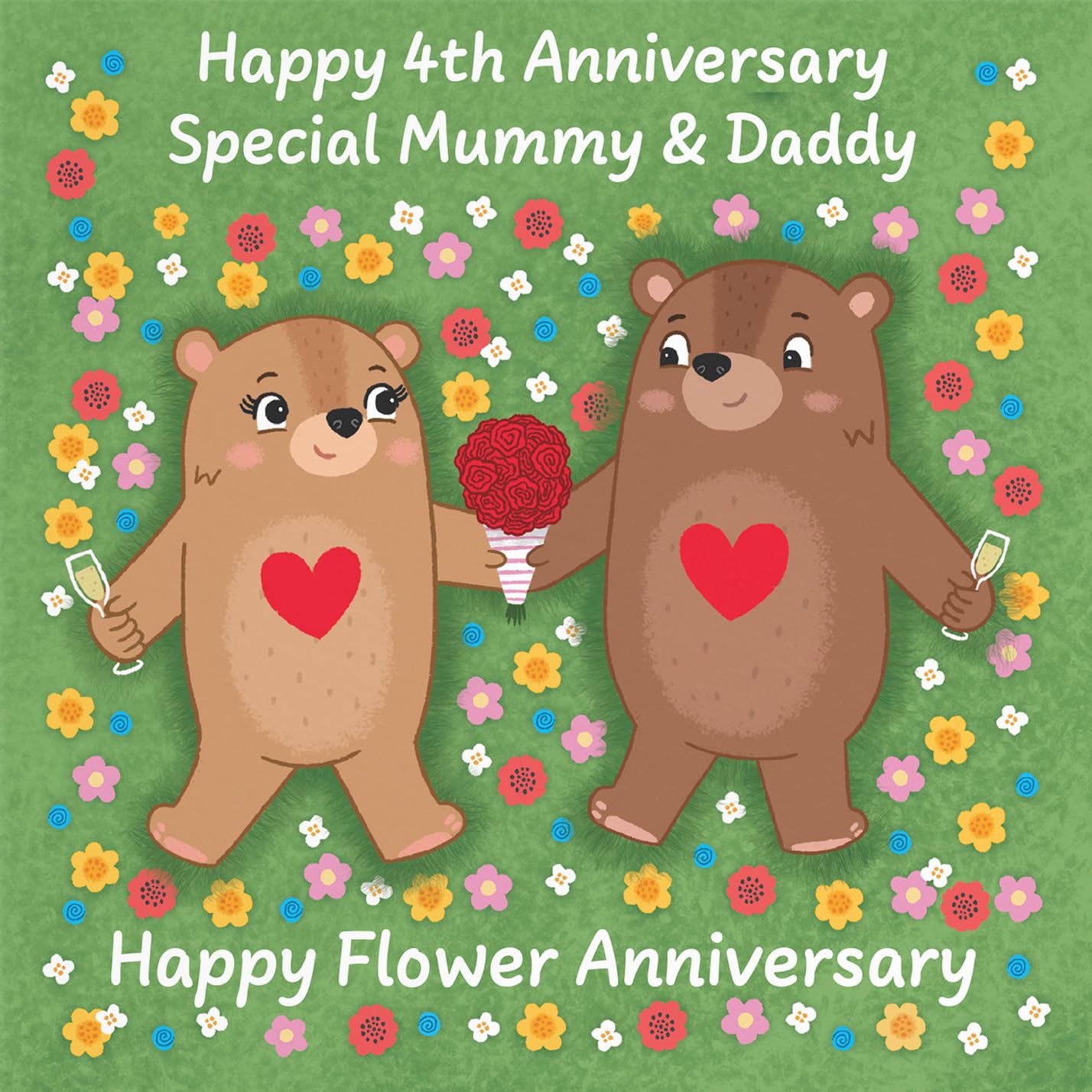 Hunts England, Mummy And Daddy 4th Anniversary Card, Flower Anniversary, Fourth Anniversary, 4 Years, Cute Fun Bears Card - Image 2