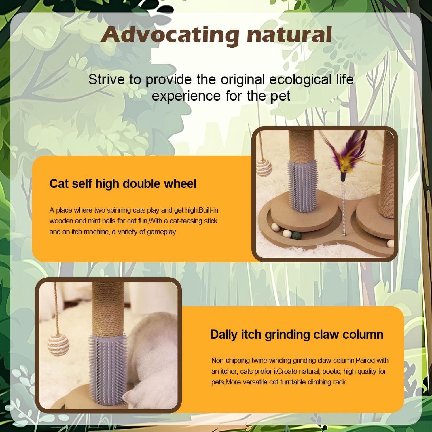 MANGOKKA Scratch Post, Double Turntable Cat Scratcher with Hanging Interactive Toys and Ball Track, Sisal Two Cat Scratching Post, 14.17