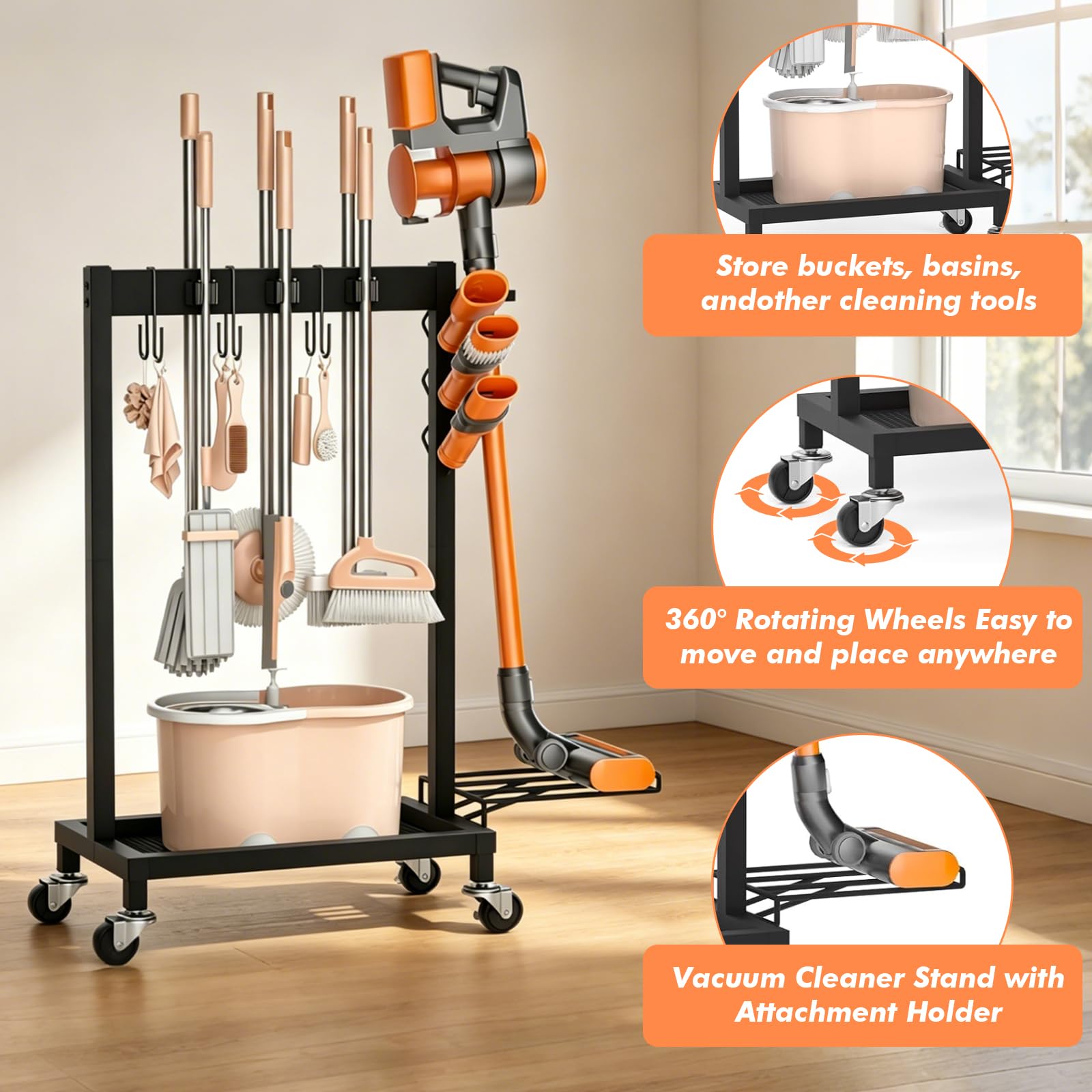 Reinigungswagen Besenhalterung, Besenhalter mit 3 Haken und 6 Mopphalter Mobiler Reinigungswagen für Reinigungszubehör und Putzmittel Gerätehalter für Waschküche