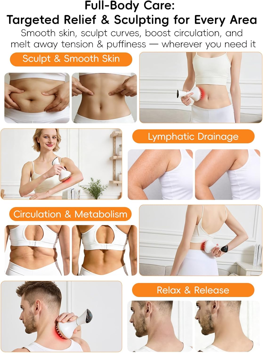 Lymphatic Drainage Massager for Body Sculpting & Cellulite – Body Sculpting Machine & Anti Cellulite Massage Tool for Stretch Marks with 4-Color Light, Pulse, Heat & Vibration for Waist, Legs & Arms