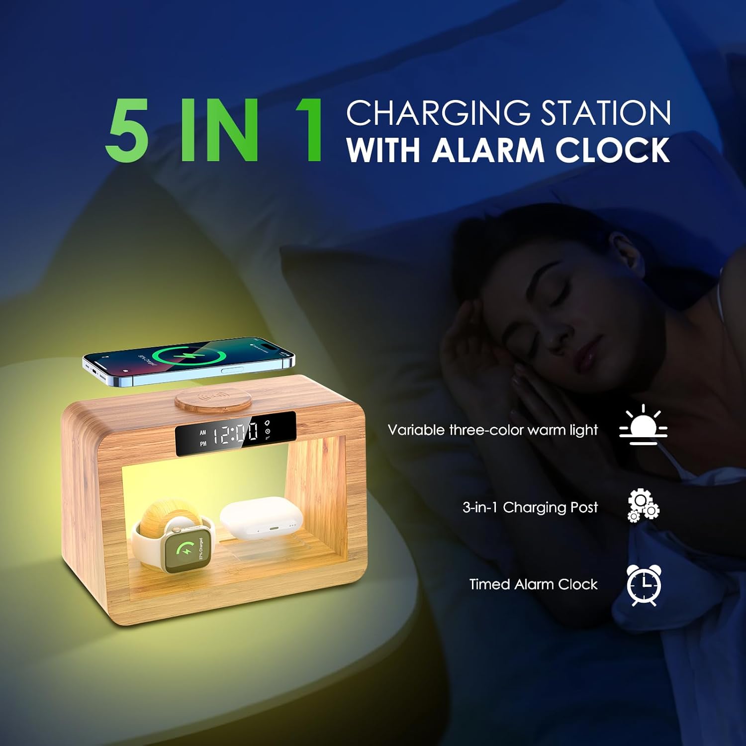 features of bamboo wireless charging station showing night light and alarm clock