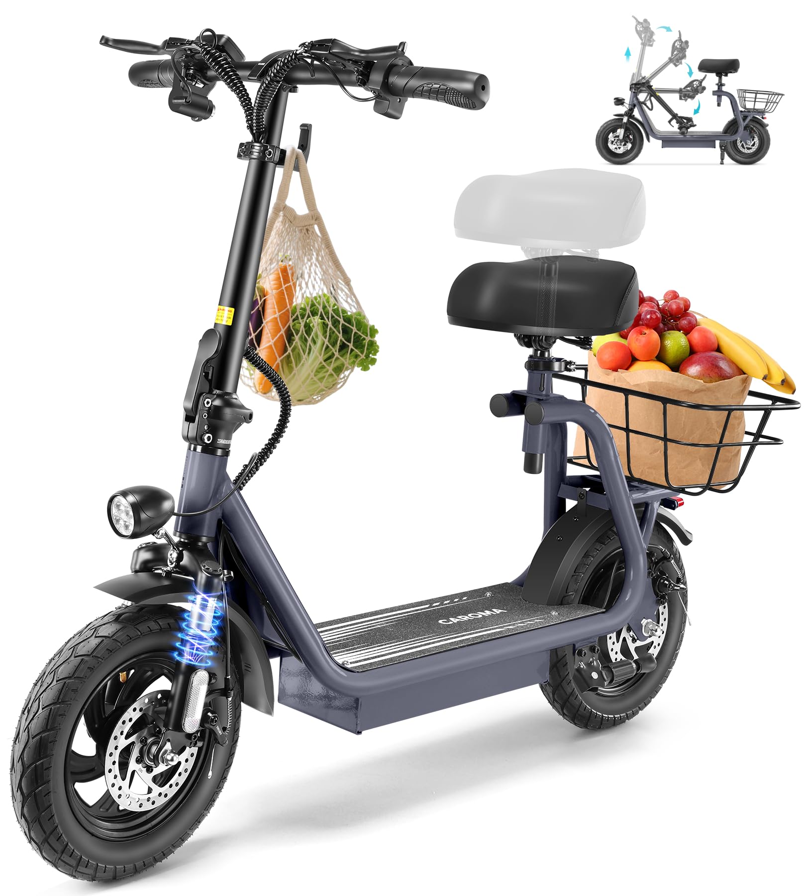 Caroma Peak 1200W/800W/500W Electric Scooter with Seat,14"/12" Fat Tire, Up to 30Miles and 20MPH Electric Scooter Adults&Teens, Adjustable E-Scooter with Shock Absorbtion and Basket