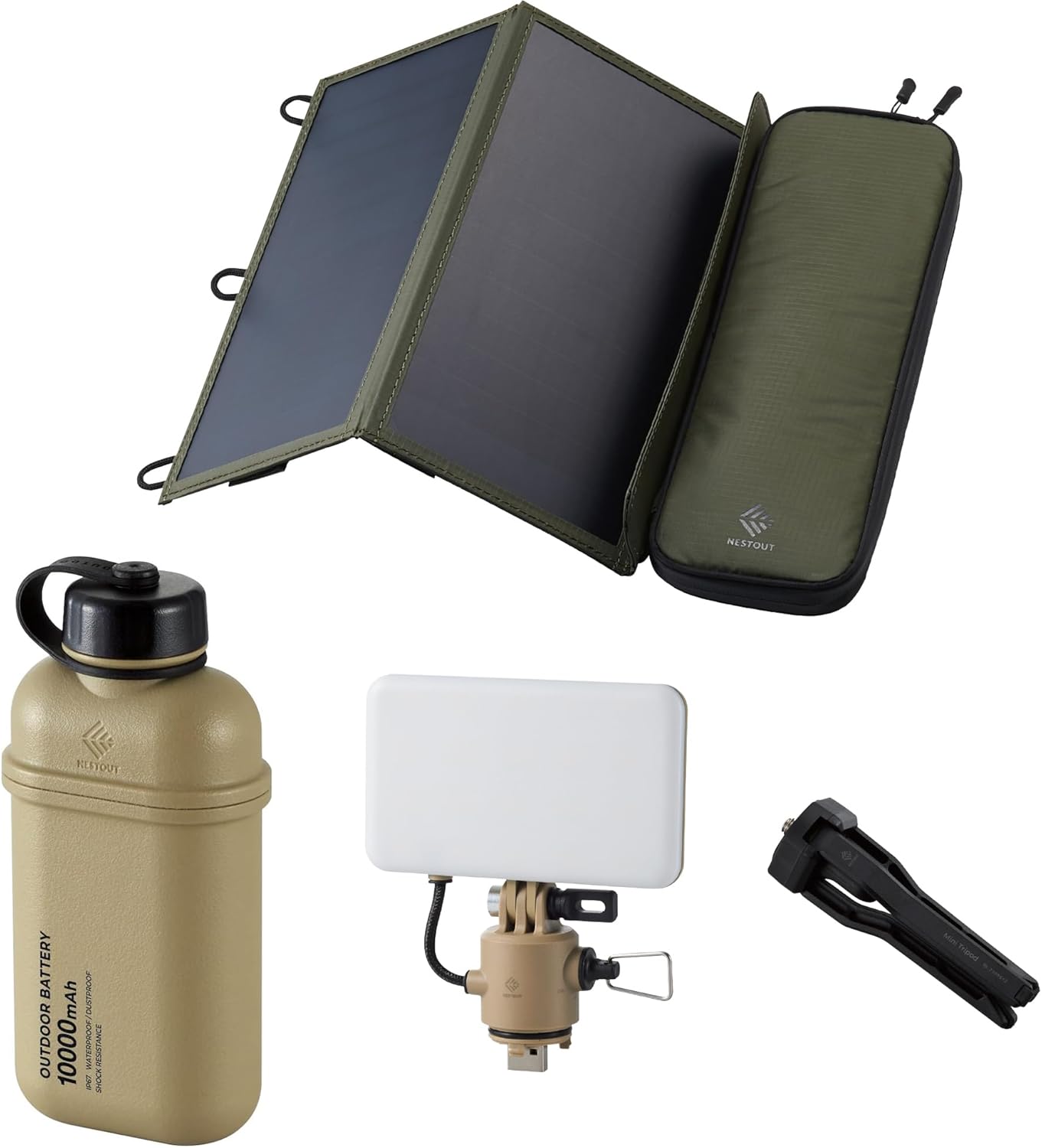 ELECOM NESTOUT 10000mAh Outdoor Power Bank + 2-Panel Solar Panel Charger + Flash-1 LED Flash Light Panel 1000 Lumen - Beige