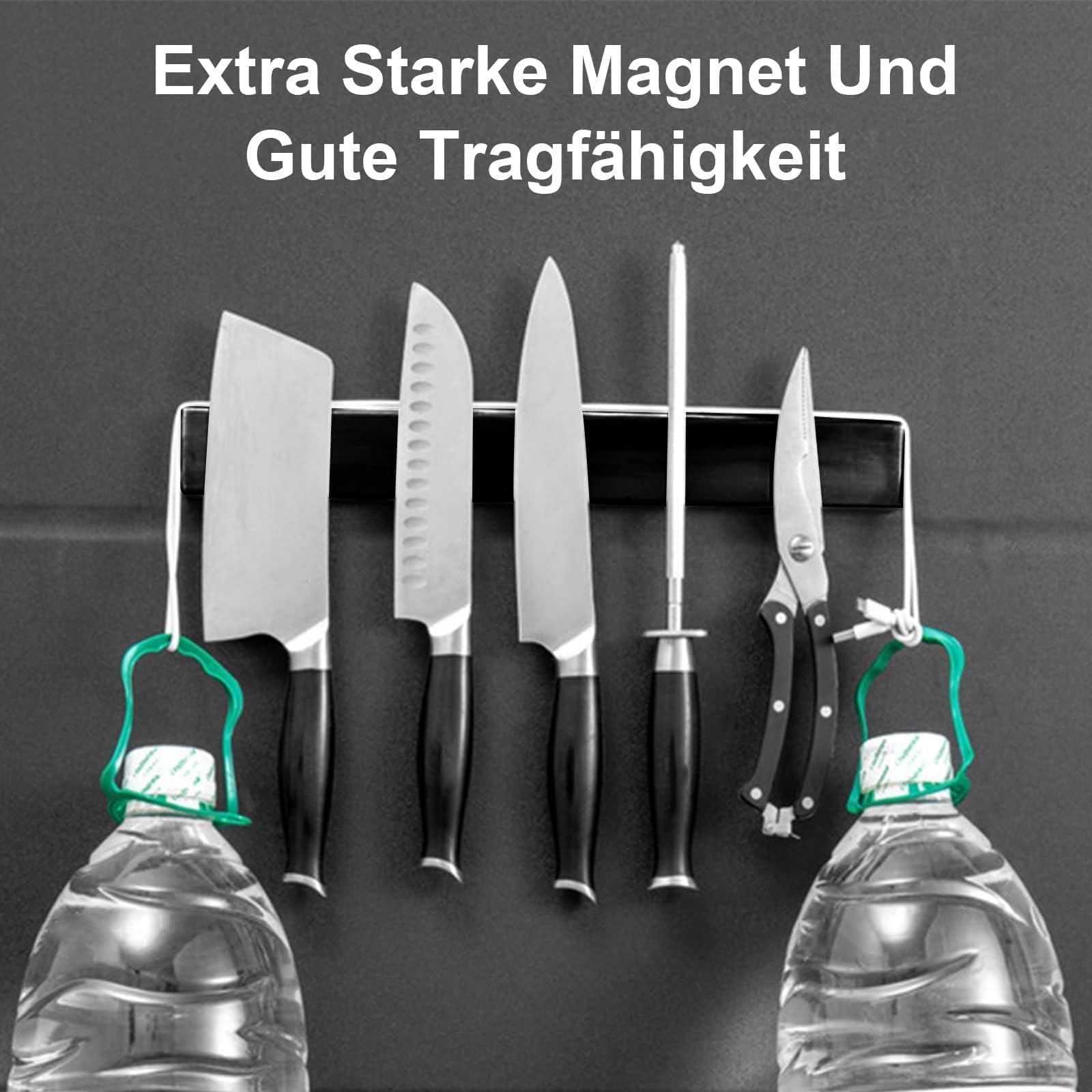 Barra magnética para cuchillos 60 cm, soporte magnético para cuchillos de 60 cm, con 3 ganchos, acero inoxidable, autoadhesiva, soporte de pared negro, sin taladrar