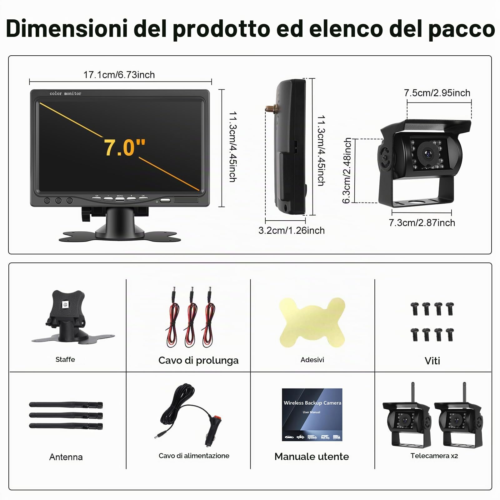 1080P 7'' IPS Monitor Con Doppio Wireless Telecamera Retromarcia Kit | IP68 Impermeabile Telecamere Posteriore Avviso di Angolo Cieco Visione Notturna Telecamere per Auto Camion Camper 12V-36V