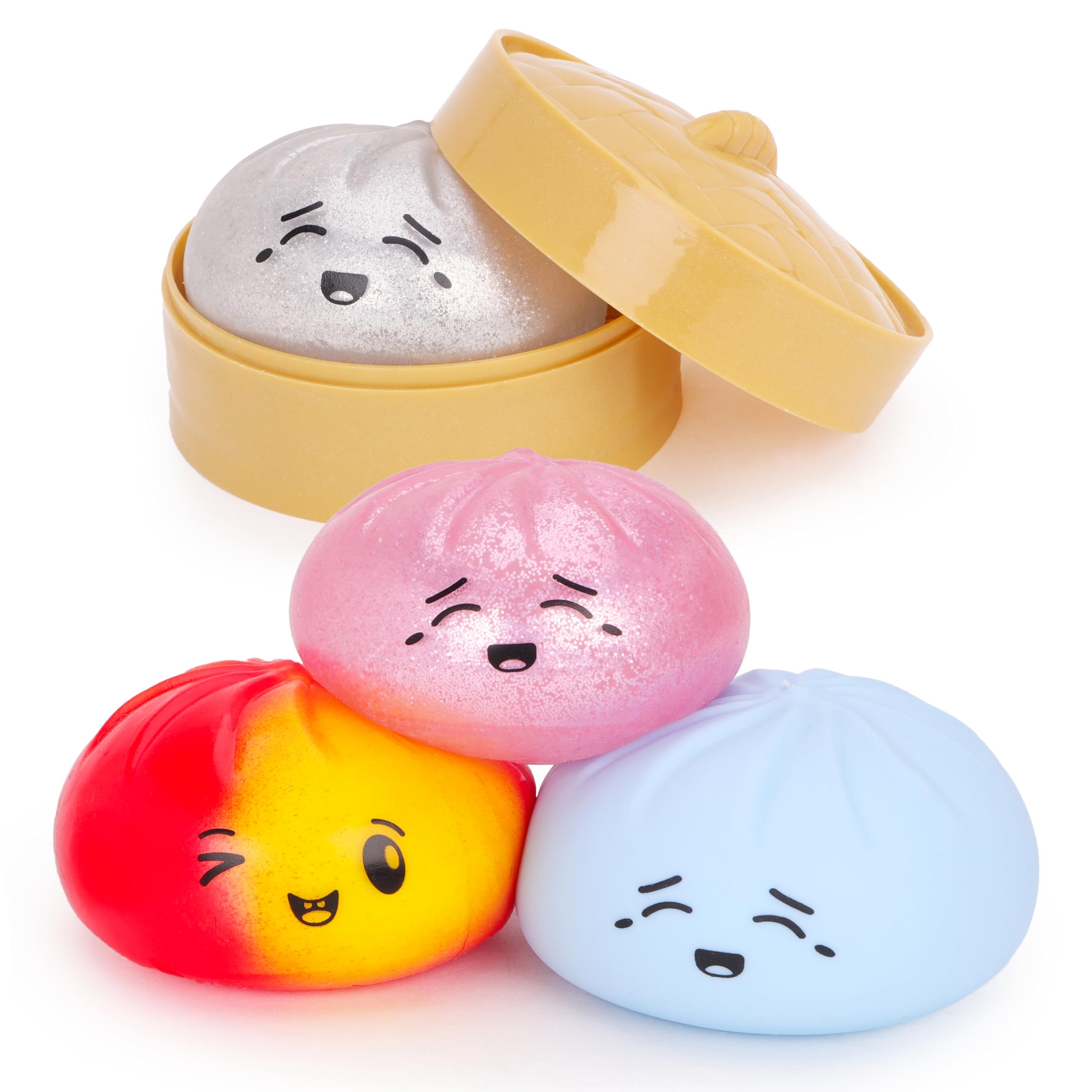 Toyland® Pack of 4 - Squishy Bao Dumpling Sensory Fidget Toys with Plastic Steamer Box - Squeeze Toys for Kids - Mega Bundle