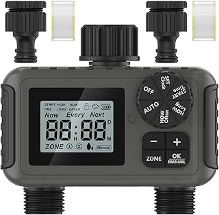 Bewässerungscomputer 2 Ausgänge, Großem LED-Display, Bewässerungs-Timer mit Regenverzögerung/manueller Übersteuerung/Wasserhahn-Timer, geeignet für Gärten, Rasenflächen und Topfpflanzen.