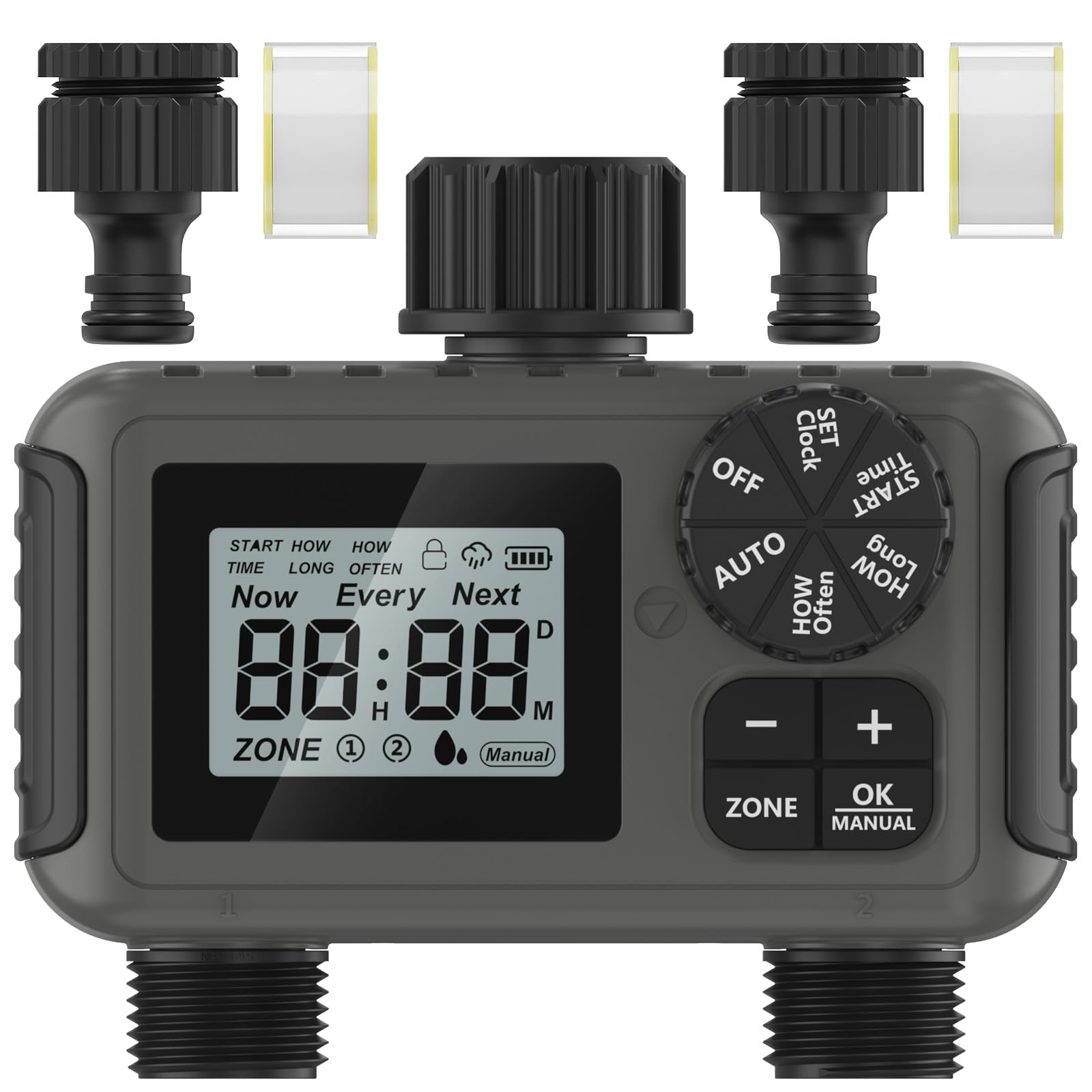 Bewässerungscomputer 2 Ausgänge, Großem LED-Display, Bewässerungs-Timer mit Regenverzögerung/manueller Übersteuerung/Wasserhahn-Timer, geeignet für Gärten, Rasenflächen und Topfpflanzen.