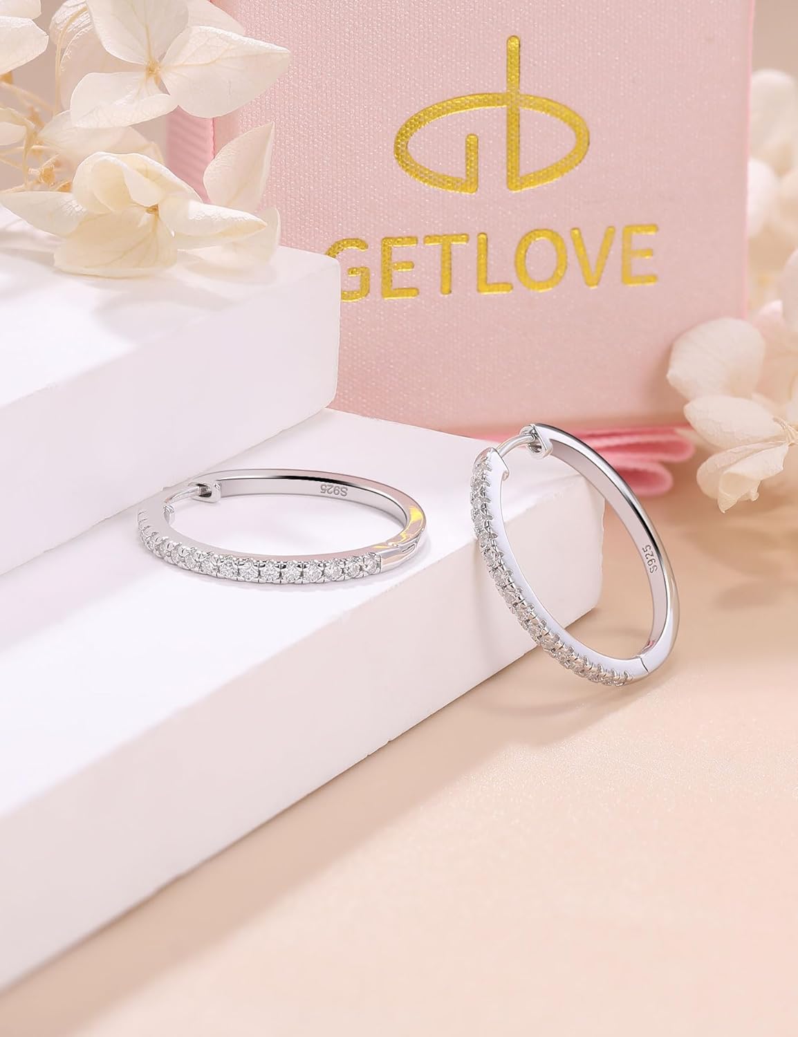 GETLOVE Moissanite Hoop Earrings for Women S925 Sterling Silver Channel Set 18K White Gold Plated Hypoallergenic Large Thick Huggie Loops Lightweight Moissanite Earrings 15-30mm