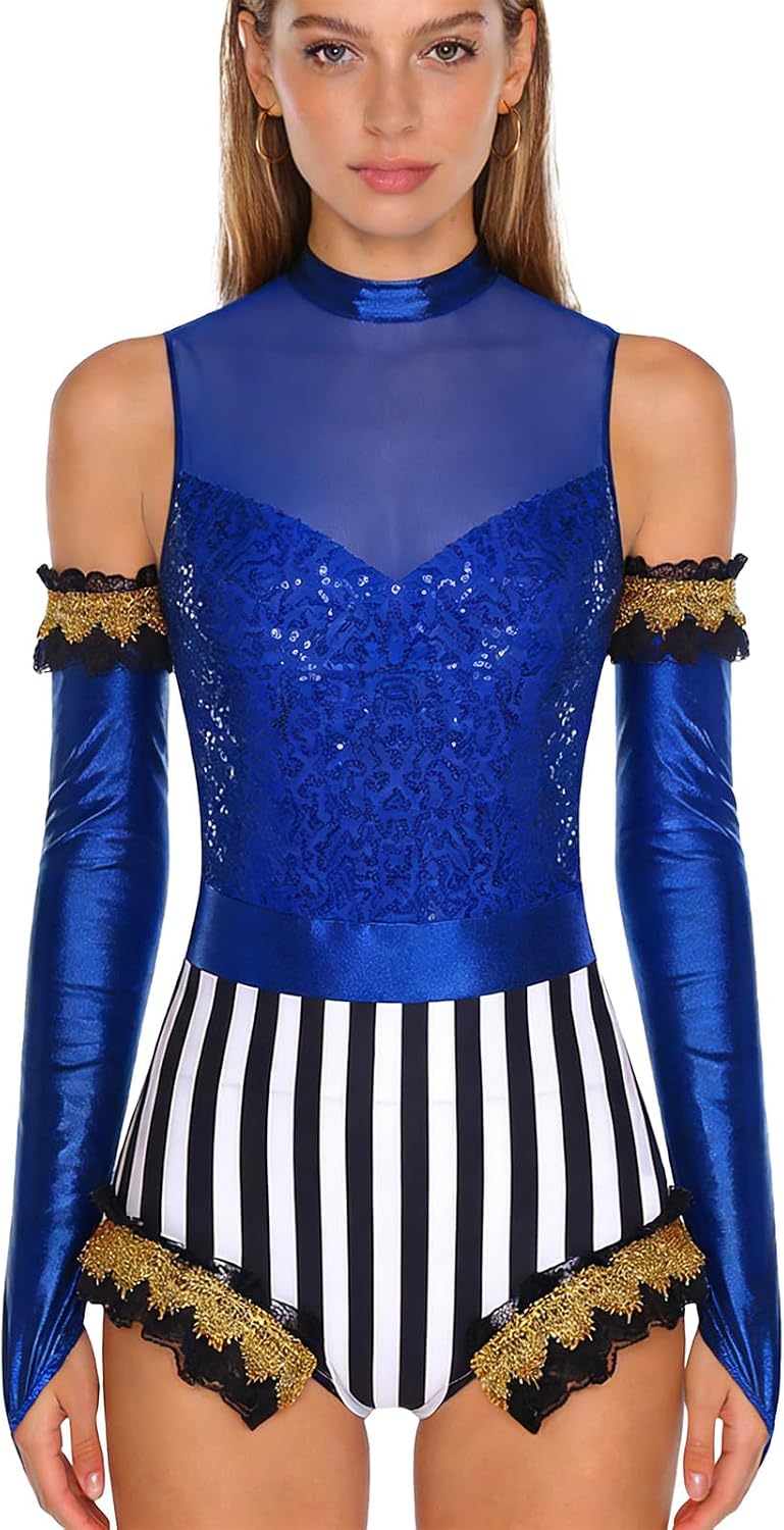 Sywiyi Women Circus Ringmaster Costume Sequin Leotard with Arm Sleeves