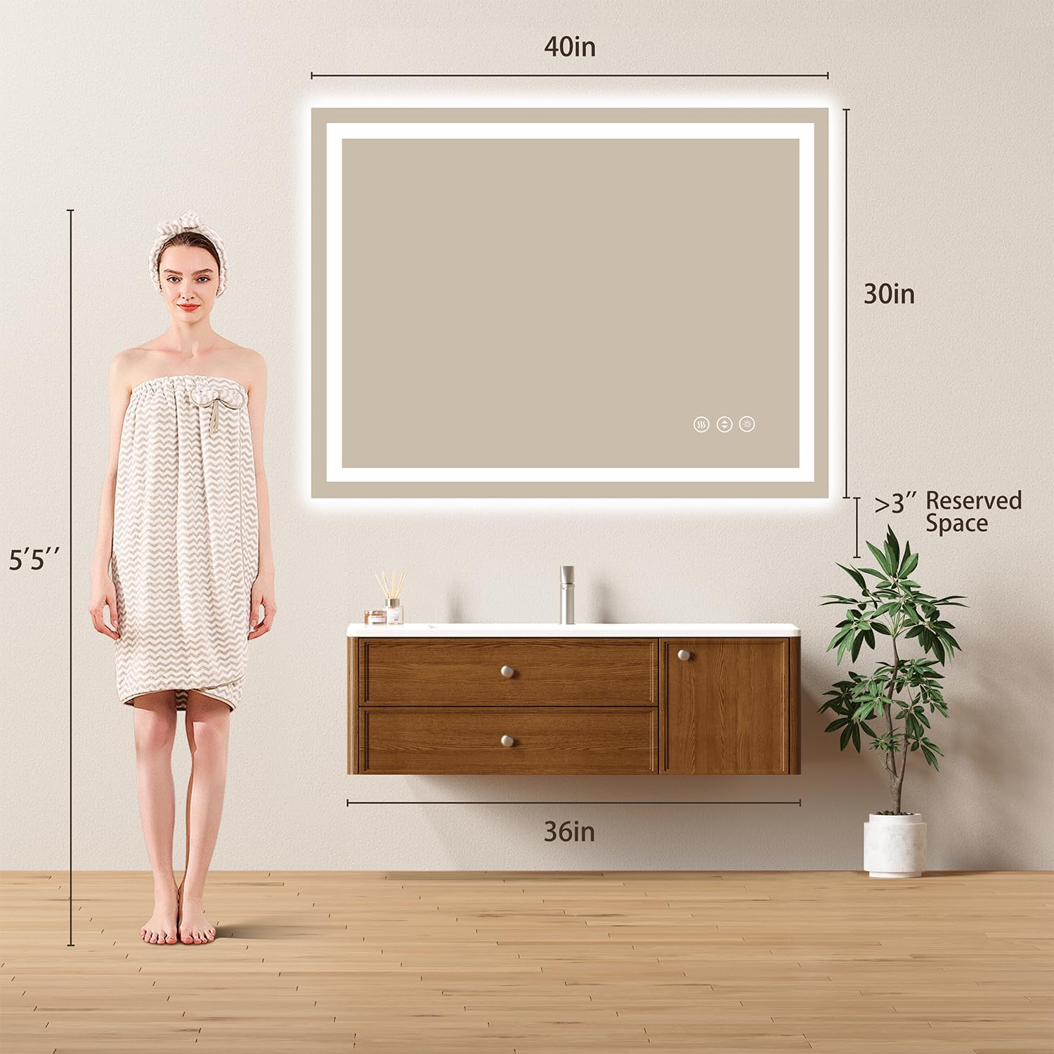 40x30 LED Bathroom Mirror with Lights - Dimmable, Anti-Fog, 3 Color Backlit & Front Lit Mirror for Bathroom, Shatter-Proof Tempered Glass, Easy Installation