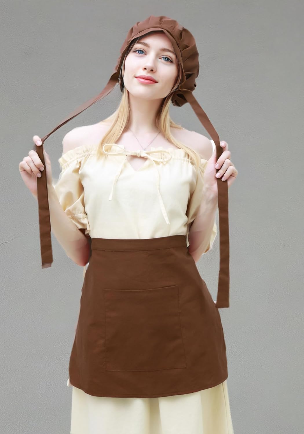 KUOIN Medieval Bonnet Linen Colonial Hat Renaisance Fest Costume Accessories Brown - Image 9