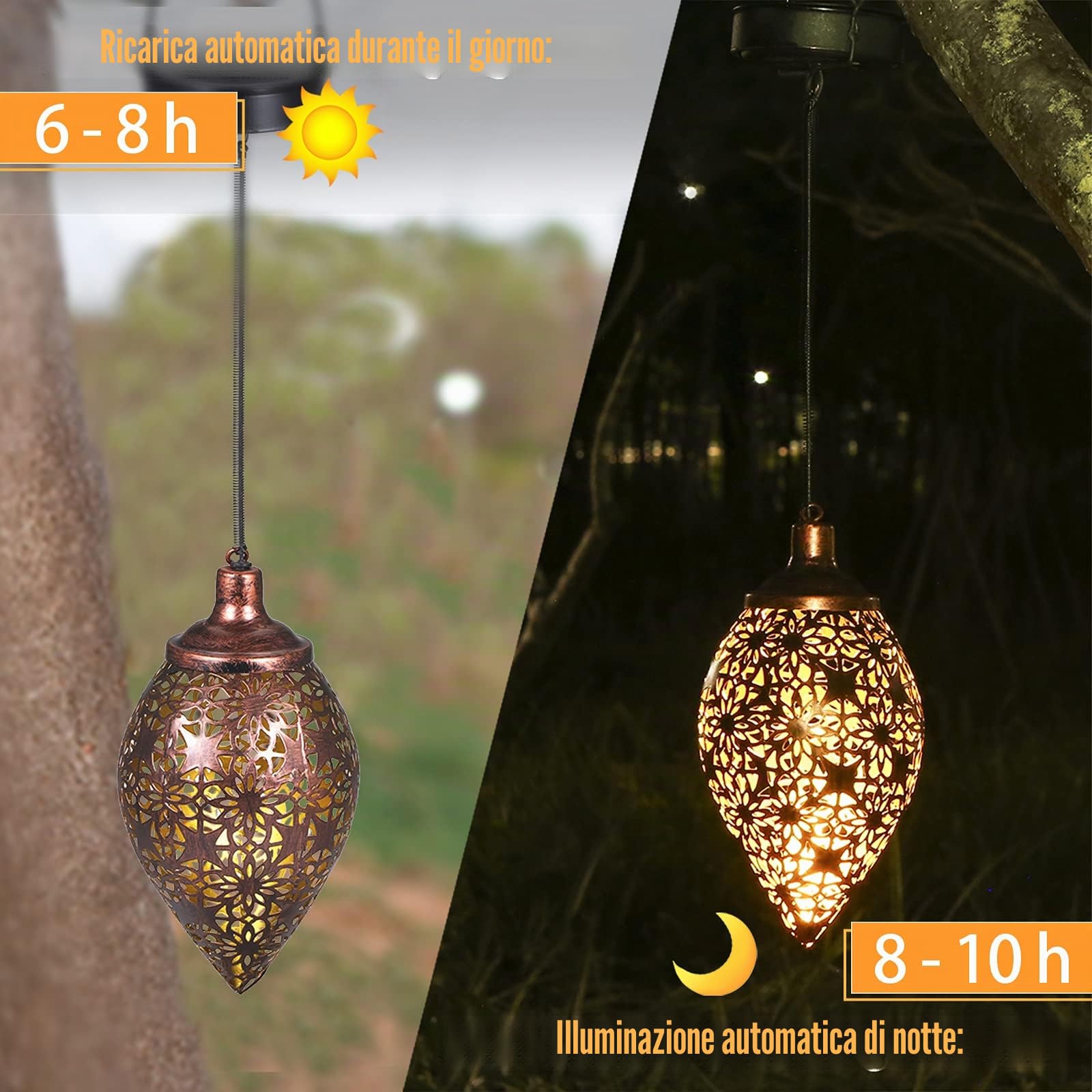 Görvitor Lanterna solare per esterni, 4 pezzi, in metallo, per esterni, IP44, impermeabile, orientale, per esterni, da appendere, per decorazione da giardino, terrazza, patio, albero, campeggio, prato