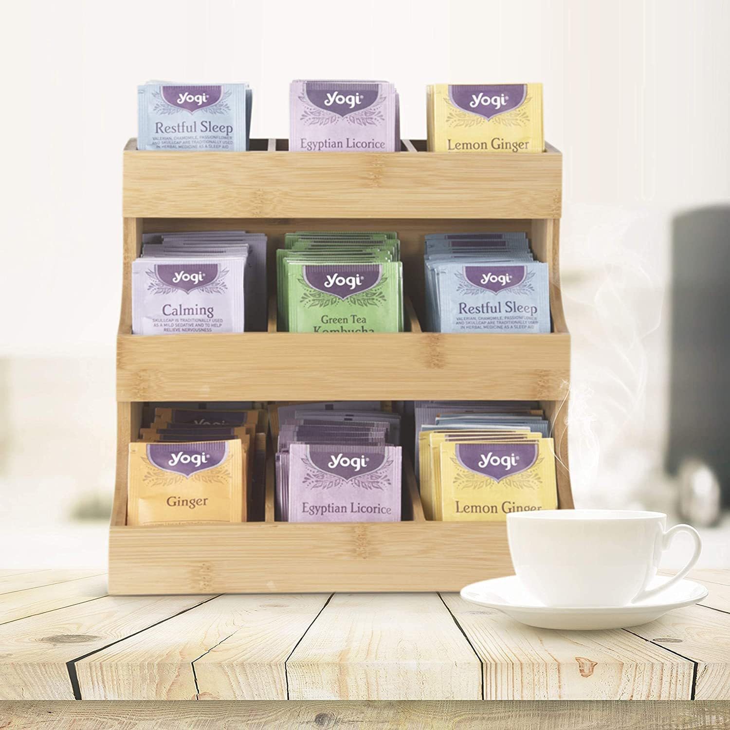 Bamboo Tea Organizer, 3-Tier Tea Bag Organizer for Cabinet,Vertical Tea Bag Holder for Tea Storage for Home, Office or Café Coffee Capsules, Creamer, Sweetener, Sugar, YTBH-8359