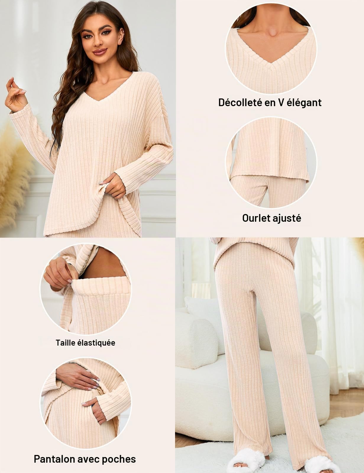 Tuopuda Ensemble Femme Chic et Elegant Pyjama à Manches Longue 2 Pièces Pantalon à Taille Élastique Haut Tricot Vêtement de Nuit Doux Vêtement d'Intérieur Sleepwear