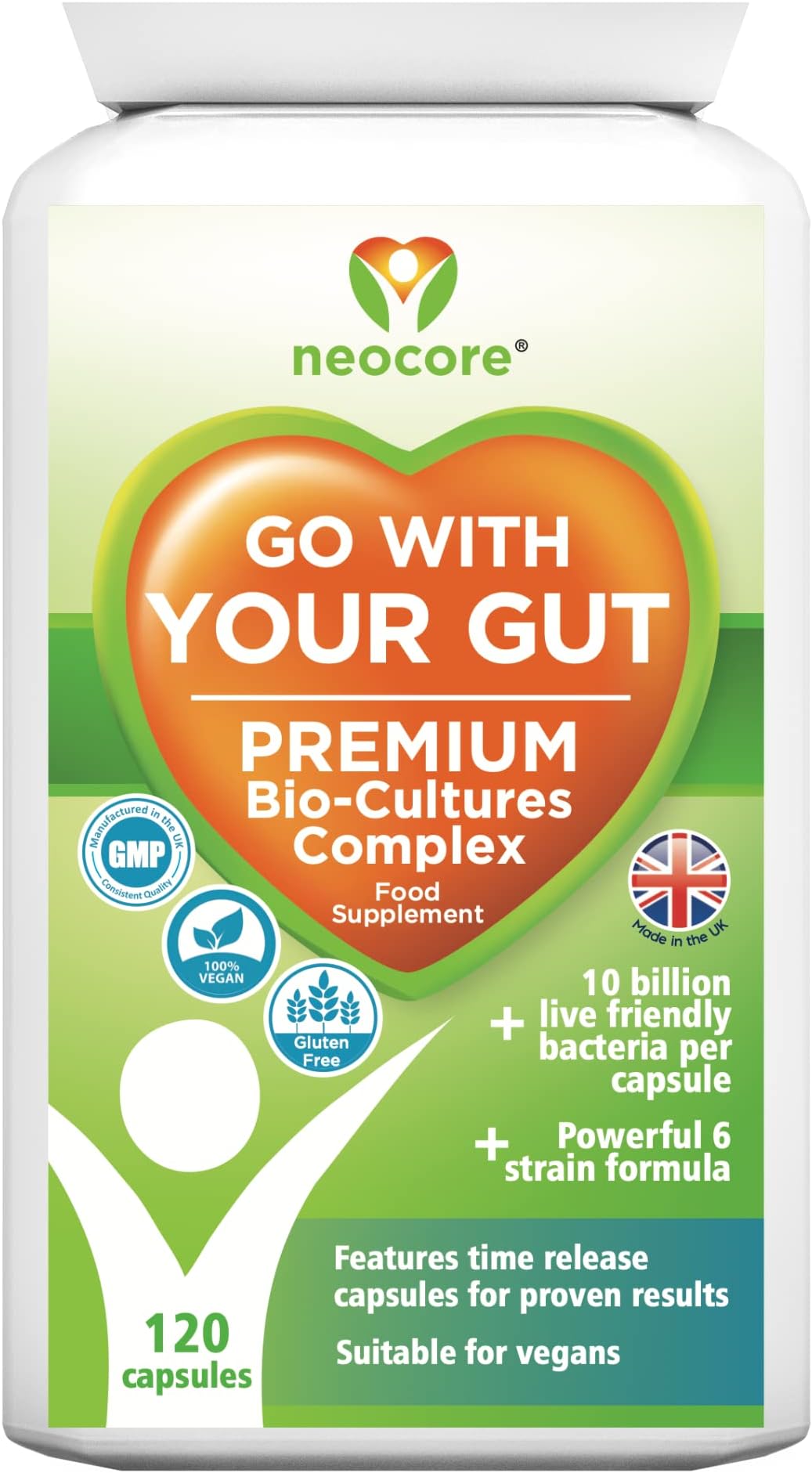 Vegan Probiotics for Adults by Neocore, 20 Billion Daily Dose, 120 Capsules. 6 Live Strains with A Prebiotic. Provides Bloating Relief and Gut Health Support. UK Made