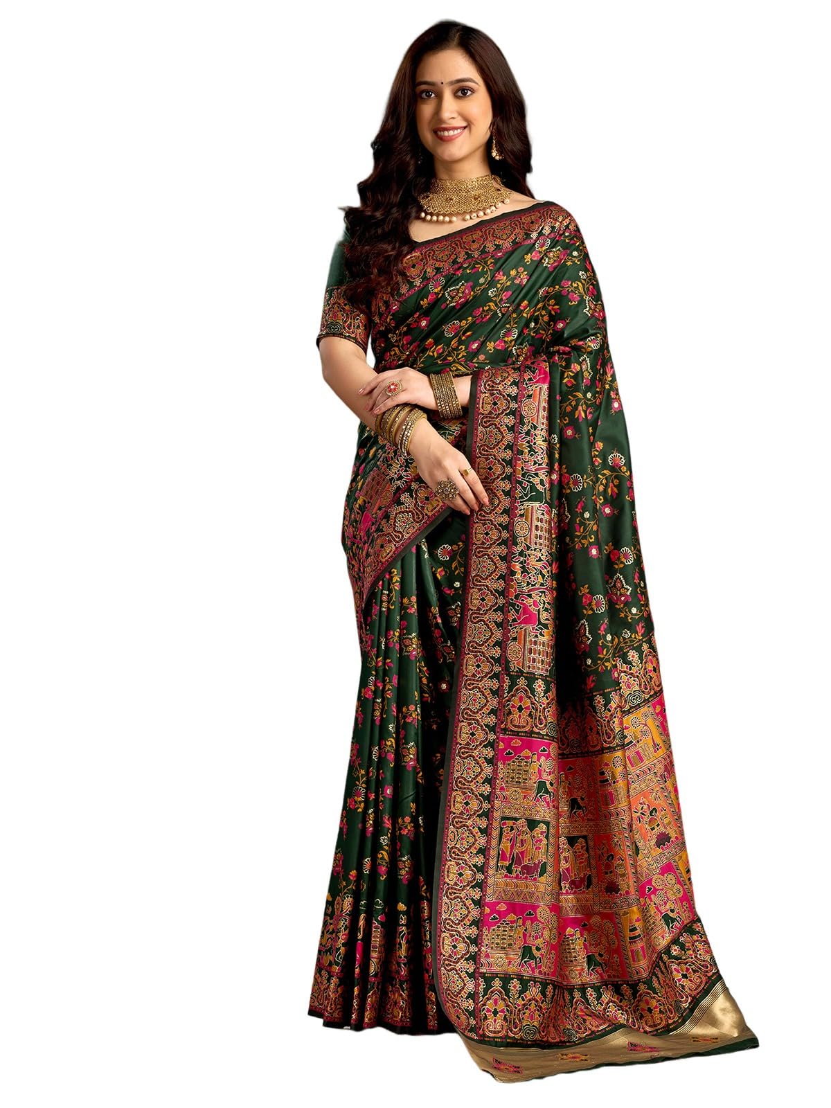 satrani Women's Silk Kashmiri Minakari Weaving Saree with Unstitched Blouse Piece-picture-35