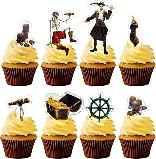 Cheerland Skeleton Pirate Cupcake Toppers for Halloween Caribbean Pirate Cake Decorations Skull Skeleton Treasure Chest Captain Hook Ship Under The Sea Pirate Themed Birthday Party Supplies 24 Pcs