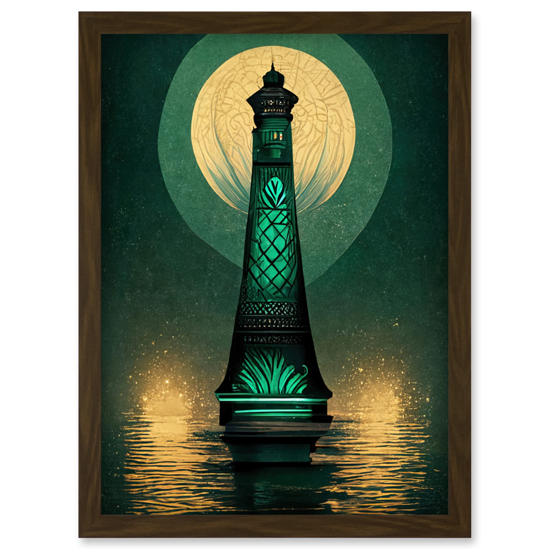 Doppelganger33 LTD Art Deco Lighthouse Great Gatsby Moonlight Emerald Artwork Framed Wall Art Print A4