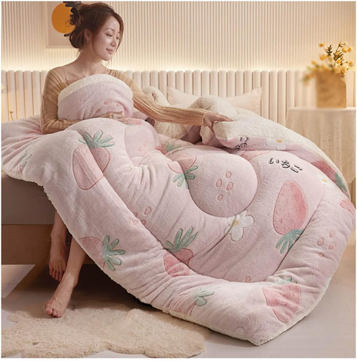 ダブルサイズ 羽毛布団 中綿入り 羊革風 裏起毛 カラフル 厚手 発熱