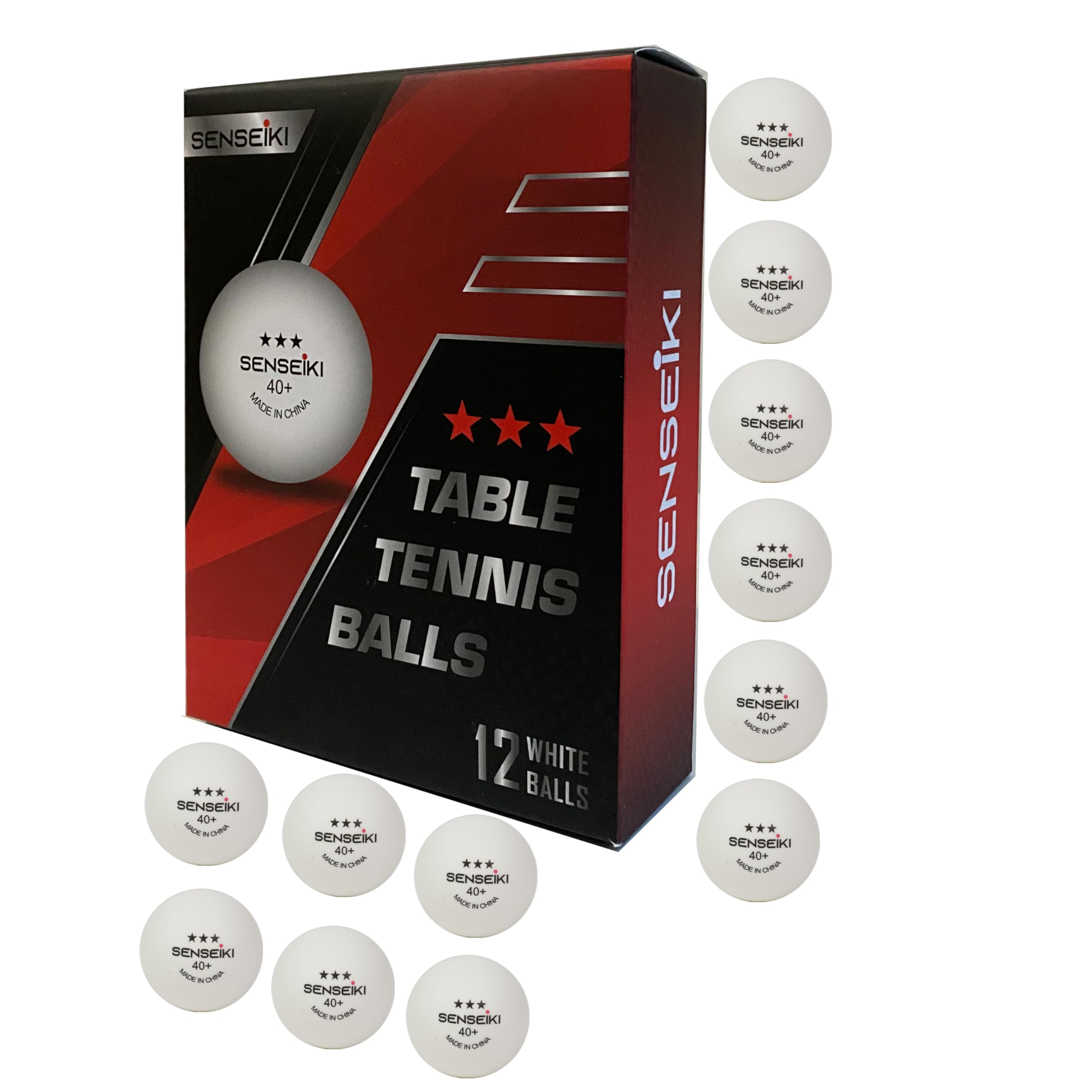 SENSEIKI Ping Pong Balls - White 3-Star Table Tennis Balls | High-Performance 40+ ABS Balls | Ultimate Durability for Indoor/Outdoor Ping Pong Tables, Box 12 Balls.