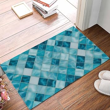 Blue Geometric Door Mat, Non Slip Bathroom Rugs, Modern Diamond Texture Ombre Lines Absorbent Floor Mats, Washable Runner Rug Indoor Doormat for Front Door Entrance, Patio, Garage 16"x24"