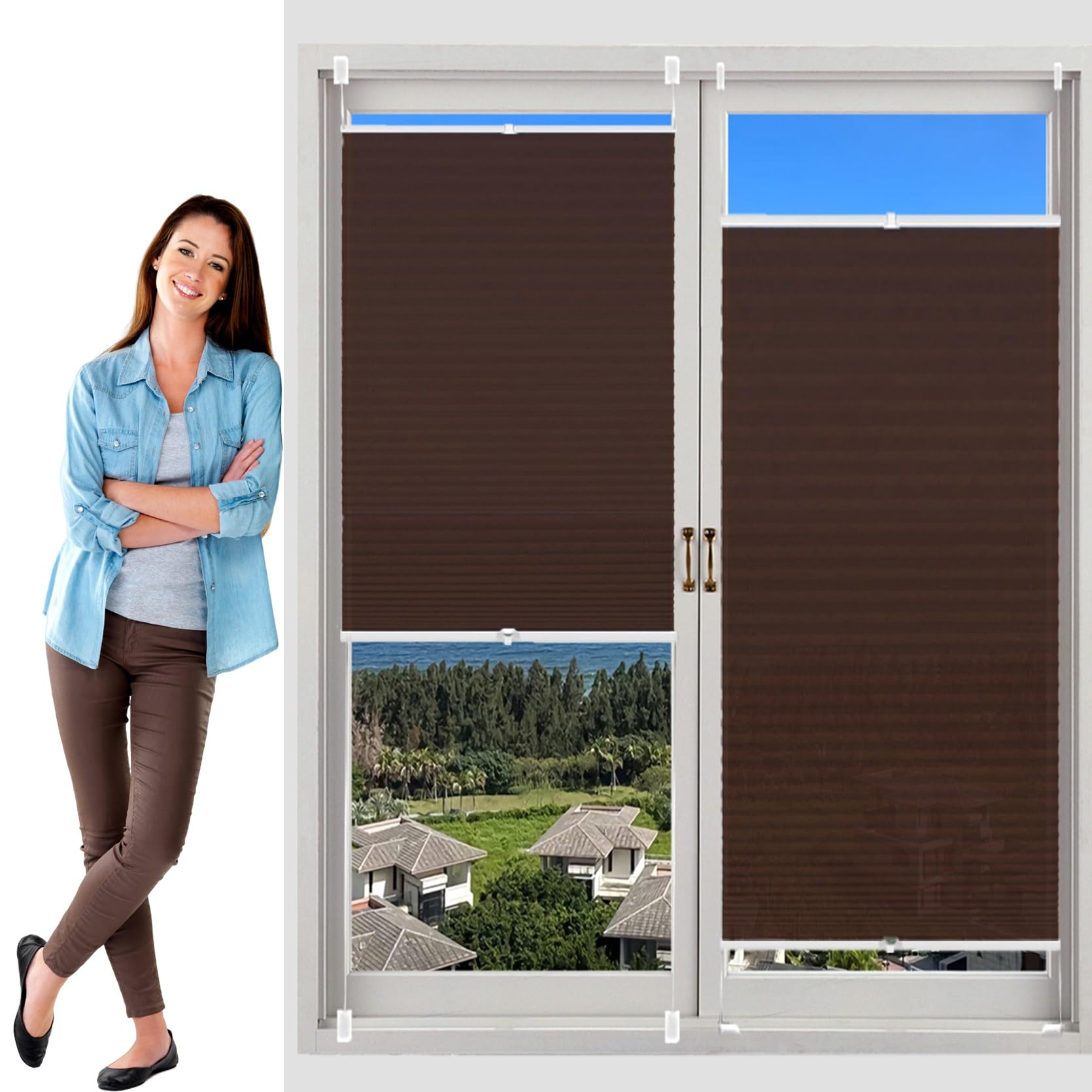 No Drill Blinds Temporary Window Blinds 25 x 220 cm (W x H), Easy to Install No Tools Needed Quick Fix, Blinds Pleated Temporary Shades Clip, Honeycomb Pleated Blind, for Window Door, Brown