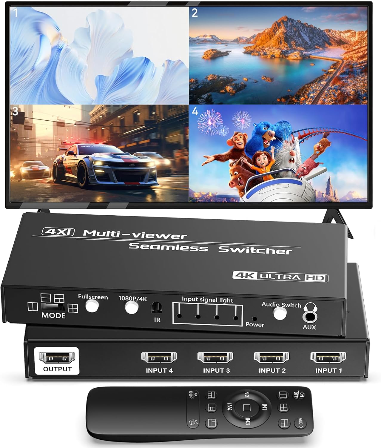 HDMI Quad Multiviewer Switch 4x1,Seamless Switcher 4 in 1 Out Switcher with IR Remote,Support 1080p 60Hz，3.5mm Audio Output,Upgrade 10 Viewing Modes for Security Camera, Advertising, Meeting