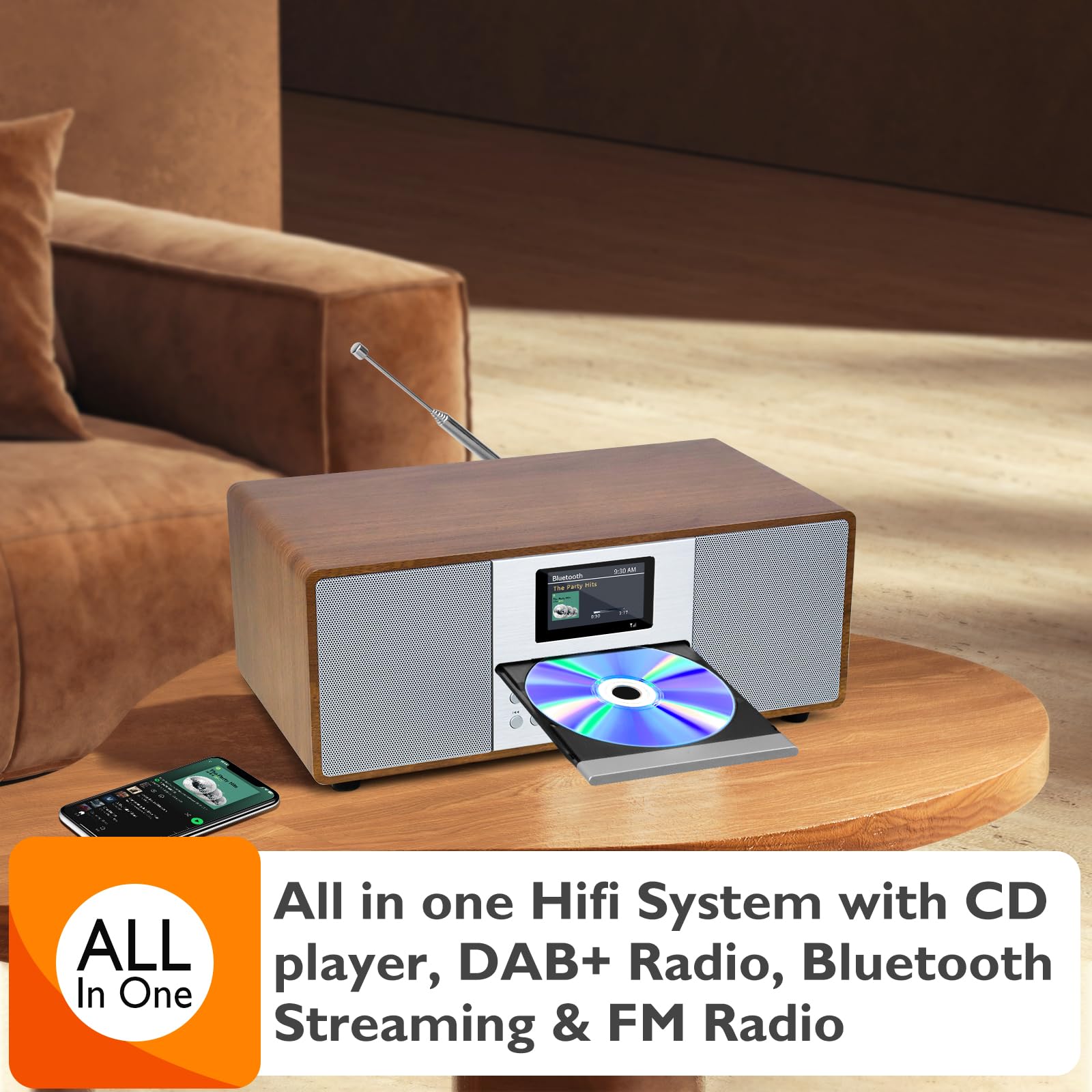 MS4 Lettore CD Radio DAB Sistema Hifi I Bluetooth I Potente sistema stereo I Radio digitale DAB+IAcoustic Wood Cabinet I Lettore CD I 40 preset, Jack per cuffie I Finitura noce